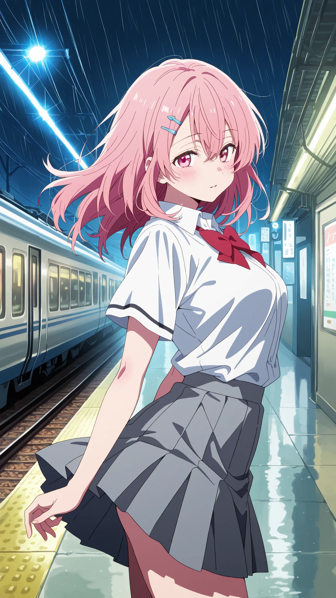 BREAK (masterpiece:1.2), best quality, high resolution, unity 8k wallpaper, (illustration:0.8), (beautiful detailed eyes:1.6),Empty neon-lit street in Tokyo,
puddles reflecting colorful signs,
soft rain falling, steam rising from vents,
distant train lights passing on elevated tracks,
anime cinematic style, high detail,
moody and atmospheric,minami kotobuki, long hair, bangs, hair ornament, hair between eyes, pink hair, hairclip, medium hair, pink eyes, medim breasts,shirt, bow, school uniform, white shirt, short sleeves, collared shirt, bowtie, red bow, grey skirt,blush, expression,looking at viewer,cowboy shot,seductive pose,floating hair,floating skirt,arched back,