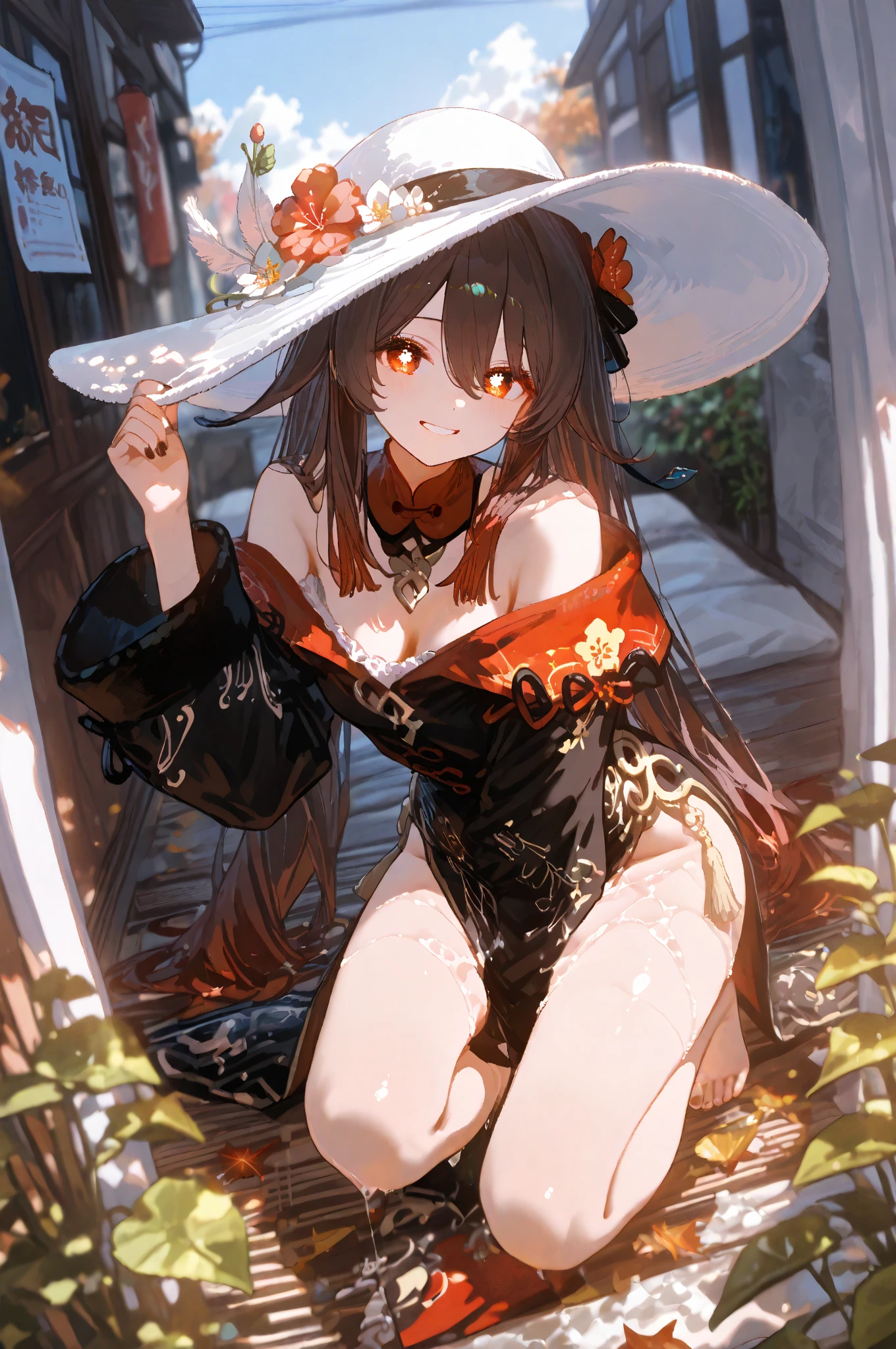 ((best quality)), ((highly detailed)), masterpiece, absurdres, (detailed eyes, deep eyes), (1girl), dynamic angle, upper body, <lora:edgVenusBikini:1>, edgVB, wearing edgVB, navel, (barefoot), <lora:hairdetailer:.7>, witch, witch hat, wand, (<lora:school_outdoors_v0.2:1>, at a school, building, trees, cherry blossoms, twightlight, shooting star)