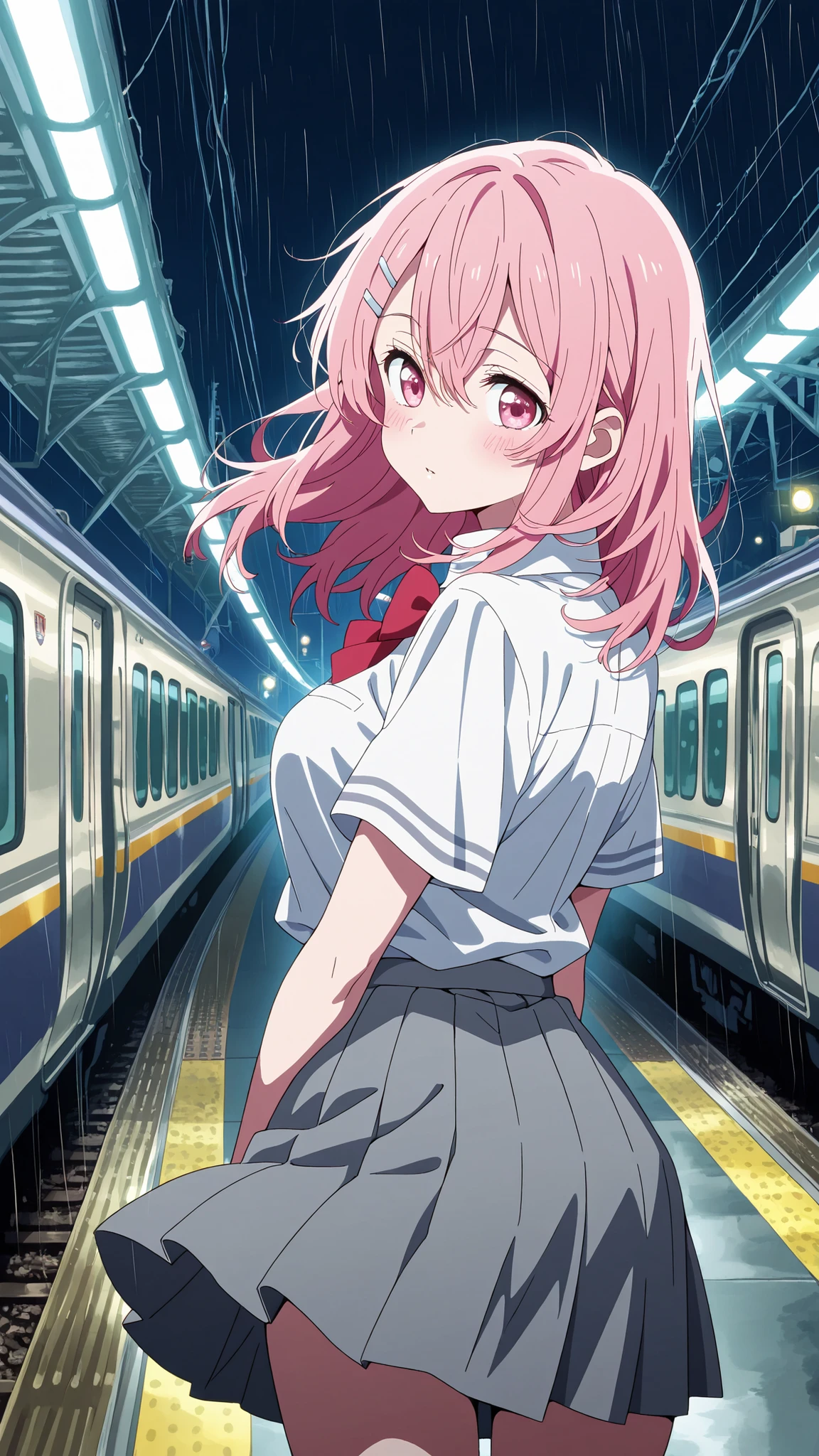BREAK (masterpiece:1.2), best quality, high resolution, unity 8k wallpaper, (illustration:0.8), (beautiful detailed eyes:1.6),Empty neon-lit street in Tokyo,
puddles reflecting colorful signs,
soft rain falling, steam rising from vents,
distant train lights passing on elevated tracks,
anime cinematic style, high detail,
moody and atmospheric,minami kotobuki, long hair, bangs, hair ornament, hair between eyes, pink hair, hairclip, medium hair, pink eyes, medim breasts,shirt, bow, school uniform, white shirt, short sleeves, collared shirt, bowtie, red bow, grey skirt,blush, expression,looking at viewer,cowboy shot,seductive pose,floating hair,floating skirt,from behind,back photo