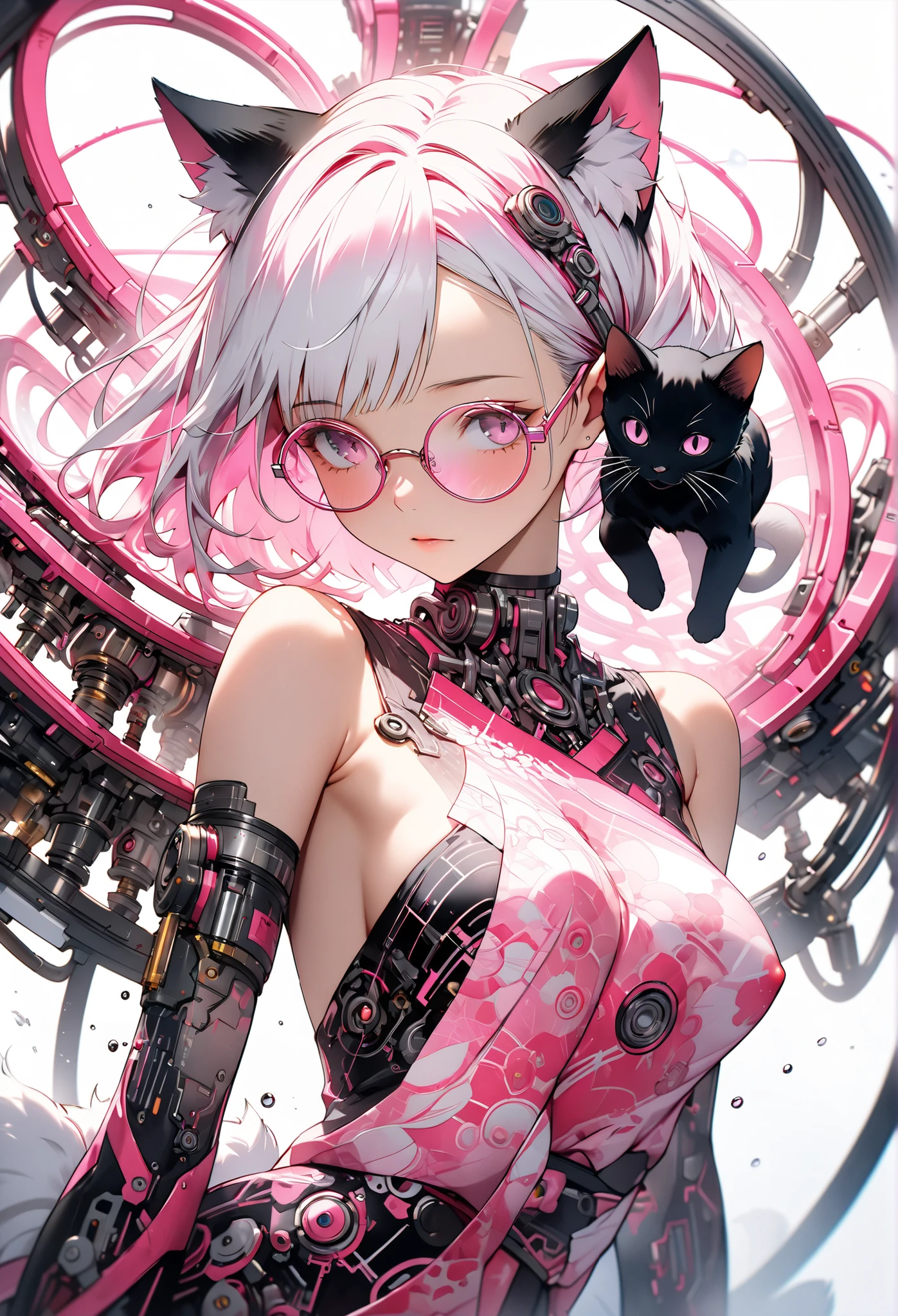 ether machine girl、Fluffy white fur grows from behind the ears Ears {x} pink similar to blood vessels connected to the neck and back Tube {x} Intricate illustration in an imaginative cyberpunk art style, Translucent white short hair (black cat ears) Stylish Watercolor Pink Pattern, She is wearing a beautiful kimono, (round pink glasses:1.2), transparent pink culture solution.pink and white mechanical body,, on white background , connecting the tube to an external machine、, Girl looking down,bust, Brush Blur Effect,( high quality, and high precision, 4K, 8k:1.5), ultra detailed.Physical Base Rendering,Ultra-fine coating,cinematic lighting, Vivid, vivid color, professional shooting resolution,Award-winning、sexy、Erotic、open shoulders、thighs、Nipples、オープンbust