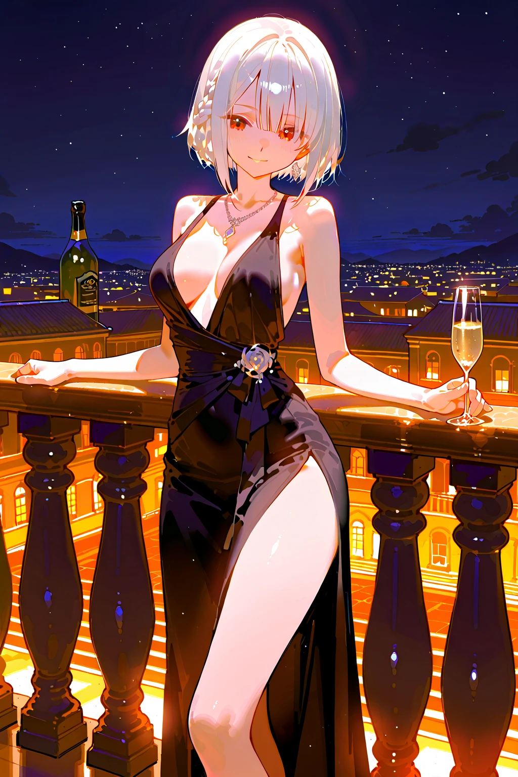 ((((masterpiece, best quality, high resolution)))), 1girl, white hair, purple eyes, short wavy hair, average breasts, blush, light smile, parted lips, glow, thighs, bare shoulders, collarbone, narrow waist, cleavage, (beautiful detailed face, beautiful detailed eyes), (revealing clothes:1.0), (breasts curtain, sideboobs, plunging neckline, backless satin mini dress, high slit cut, revealing, silver necklace, hair ornament, earrings), night sky, night light, fancy jazz bar, glittery dress, holding champagne glass