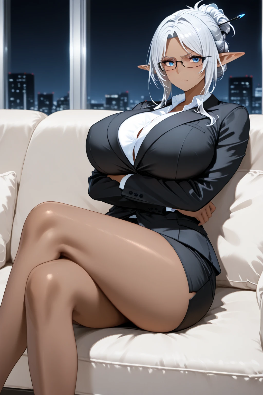 (best quality:2.0), HDR,realistic,((16K)),((1080P)),RTX4090 Titan,intricate detailed,high resolution,(high-res:1.5),bright lighting,1woman,((with glasses)),wear a watch,((ebony skin:1.3)),((light smile:1.1)),((holding a )),elegance,((huge cleavage:1.2)),thick lips,pink lipstick,long eyelashes,pink eye-shadow,golden ratio body,high waist,F-Cup breasts,cleavage,slim waist,wide hips,big buttocks,bubble butt,juicy ass,cameltoe,(Detailed face),ear pendants, necklace,jewelry,(((sitting on the sofa,in the lab:1.3))),((doctor uniform,white coat,black shirt,gray skirt,black thighs stockings high-heels:1.3)),((silver hair)),curly hair,dynamic shot,wet clothes,((crossed legs:1.3))