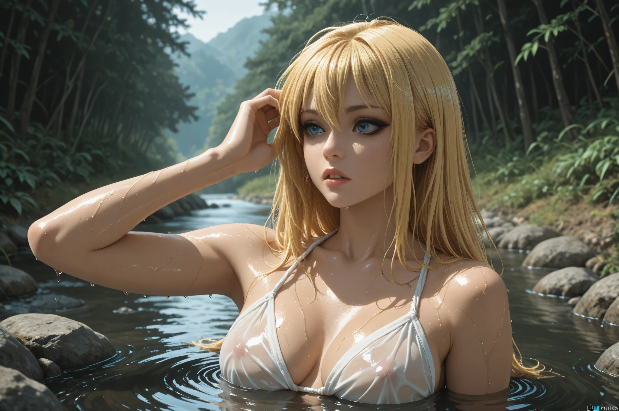 a  photo of a whopping [goddess|seductress]  , tilt-shift  perfect face, pretty face, green eyes, yellow hair, absurdly long hair, large breasts, lush detail, absurdres, in a swimming pool,