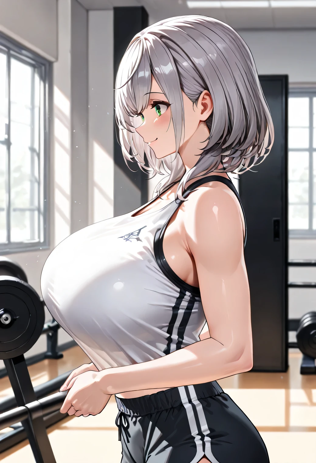 1girl pov, perpendicularPaizuri, , 1girl, 1boy, penis between the breasts, breasts squeezed together, , sportswear, barbell, titfuck while doing barbell gym sweat, under boob, cleavage, , sportswear design, sweat, pre cum leak, Adidas, pony tail, breathing, , visible side boob, , cutout design, , nipples slip design, barbell lifting, armpit, panting, workout