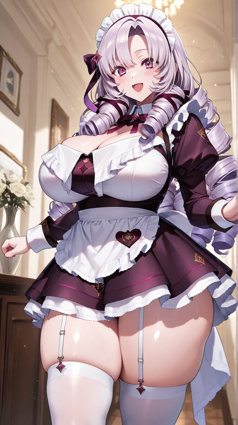 1 Girl,high school girl,High-cut underwear,((Low - Angle,Maid clothes,short hair,Pleated skirt,Pointed Chest,panties under pantyhose,angle of view of ceiling,Cowboy Shot,Very elegant white panties,pubic hair,Black Pantyhose,Camel Toe)),(フリフリのMaid clothes),(From below:1.3),((Highest quality, wonderful,8K, masterpiece :1.3)), (Realistic, photoRealistic:1.4),(Brown Skin),(very fine and beautiful skin),blonde,Black gal,,Very detailed,Cinema Lighting, Detailed light, Best Shadow, Dynamic Angle,Elaborate panties(High leg pants:1.1),(Super big breasts:1.6), Plump thighs, Indentation:1.5,Skirt flip,At work