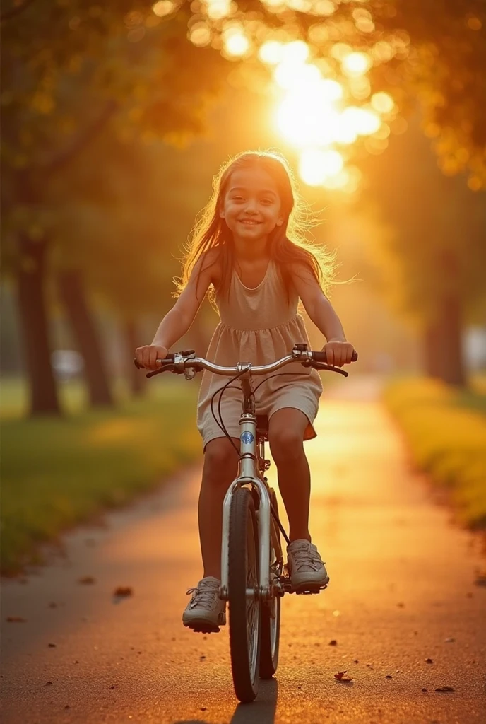 Draw a distant shot from above of a child riding a bike going to the right and look in the opposite direction.