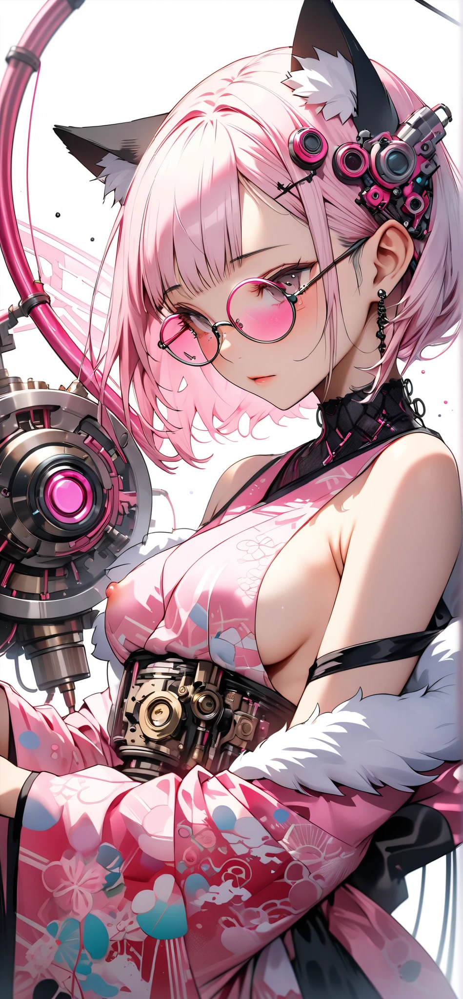 ether machine girl、Fluffy white fur grows from behind the ears Ears {x} pink similar to blood vessels connected to the neck and back Tube {x} Intricate illustration in an imaginative cyberpunk art style, Translucent white short hair (black cat ears) Stylish Watercolor Pink Pattern, She is wearing a beautiful kimono, (round pink glasses:1.2), transparent pink culture solution.pink and white mechanical body,, on white background , connecting the tube to an external machine、, Girl looking down,bust, Brush Blur Effect,( high quality, and high precision, 4K, 8k:1.5), ultra detailed.Physical Base Rendering,Ultra-fine coating,cinematic lighting, Vivid, vivid color, professional shooting resolution,Award-winning、sexy、Erotic、open shoulders、thighs、Nipples、オープンbust
