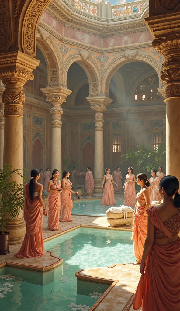 Five people talking, whispering, gossiping, both men and women, white skin, ancient clothes, the background is an ancient temple paradise.