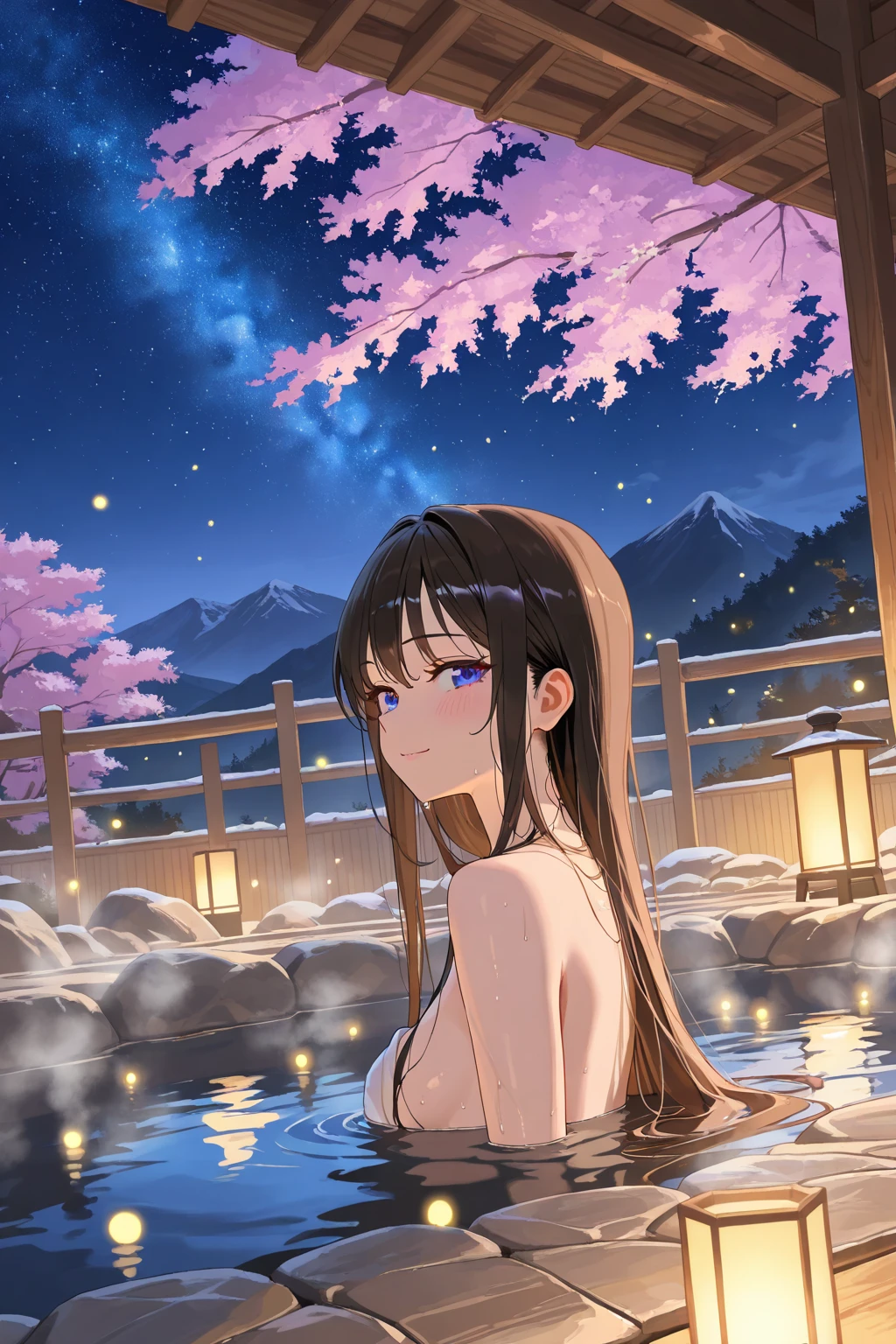 (naked towel, night, onsen), suzumebachi, from behind, 1girl, solo, best quality, pink eyes, brown hair, hair between eyes, long hair, <lora:suzumebachiLora-10-v11:0.6>