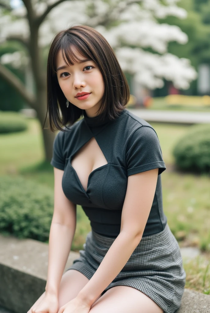 Black hair, bob cut, mole at mouth, big breasts, shirt with open front, tight skirt, narrow waist