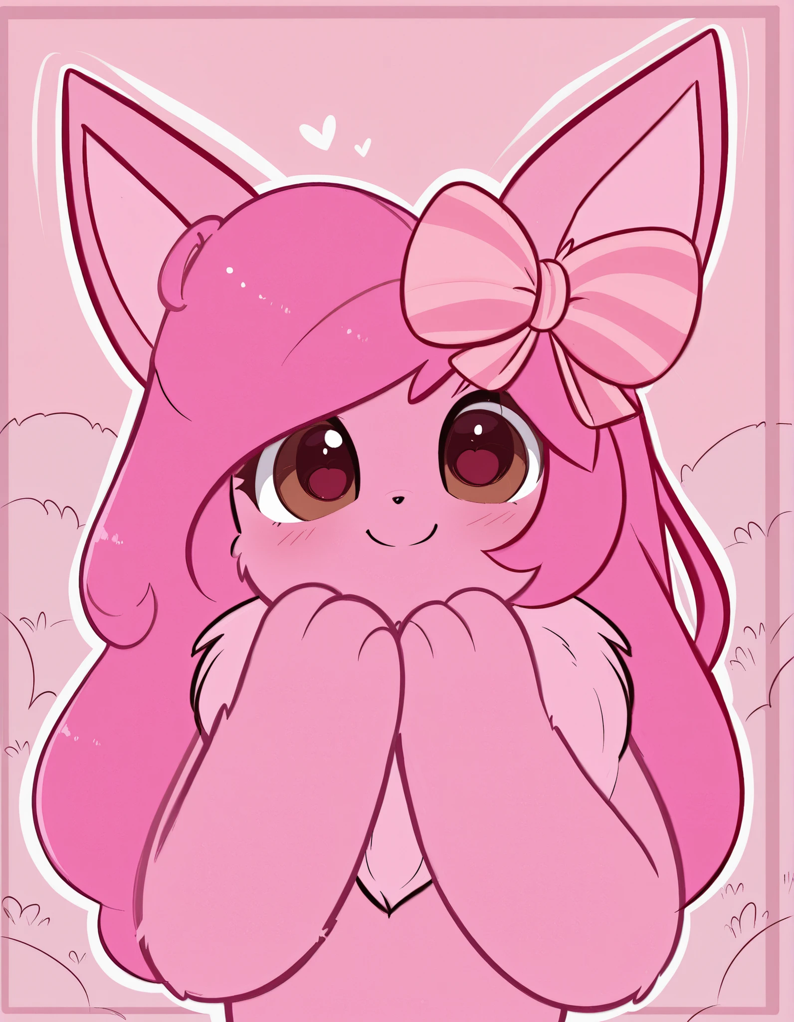 KittyRosie75, flat_color, outline,, pokekid, eevee, fluffy girl, furry girl, female, smile, smiling, has a big pretty bow in her hair, has animal paws for hands, 1girl, best quality, outdoors, high definition, cute