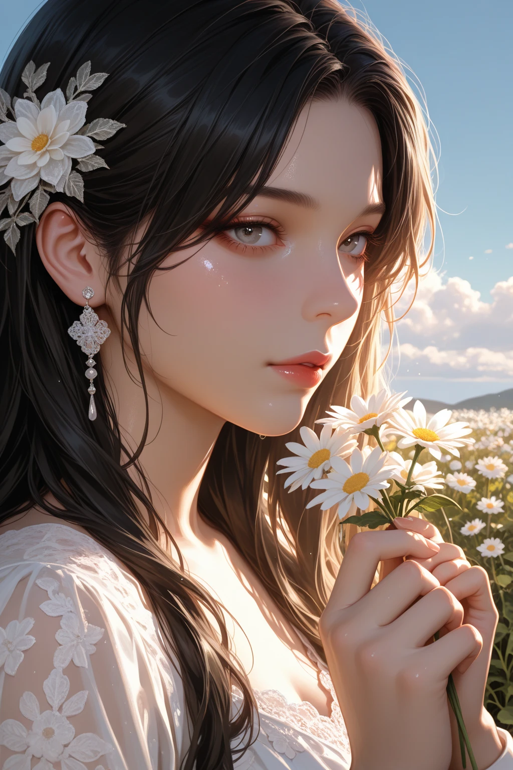 32k, Masterpiece, Highest quality, One girl, Detailed eyes, flower,Alstroemeria, White and orange style,A dreamy, romantic piece,Pale purple, Mysterious Leaves,A playful arrangement,Fantasy,High Contrast,Ink strokes,explosion,Exposure, Impression of white and orange tones,Abstract,((Watercolours by John Berkey and Jeremy Mann )) Brush strokes,Negative Space, Tyndall effect,