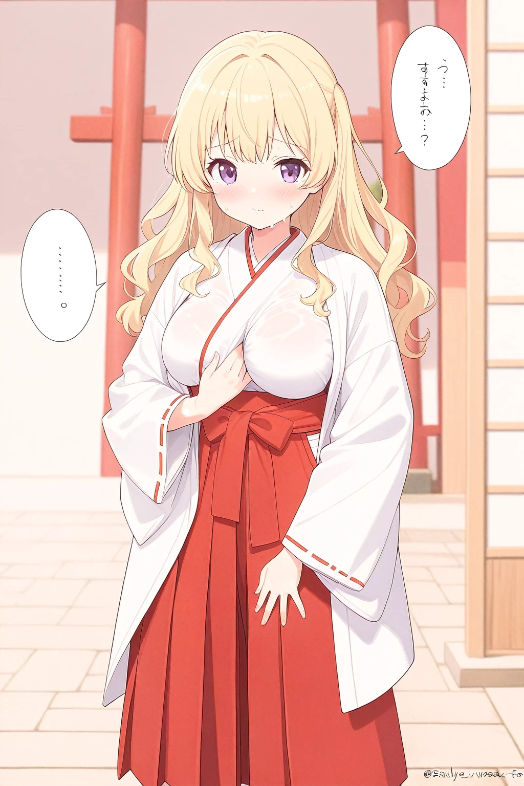 masterpiece, best quality, miko, large breasts,  see-through, miko, blonde hair, simple background, wariza,hand on own breasts, <lora:hisasinai:1>