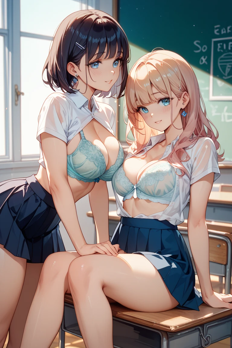 Anime Moe Art Style,Highest quality,High resolution,Anatomically correct,Multiple Girls,Mid-teens,Mr.々Hair style,Super detailed,Big Breasts,Shiny skin,Beautiful Skin,A rich expression,Laughing with your mouth open,Seduce,high school girl,Show off your chest,Nipples are visible,Flip up the skirt,I can see your pants,Sitting on the floor,Art room,Nude Model,Naked upper body,Pleated skirt,Eyes drawn in detail,8K