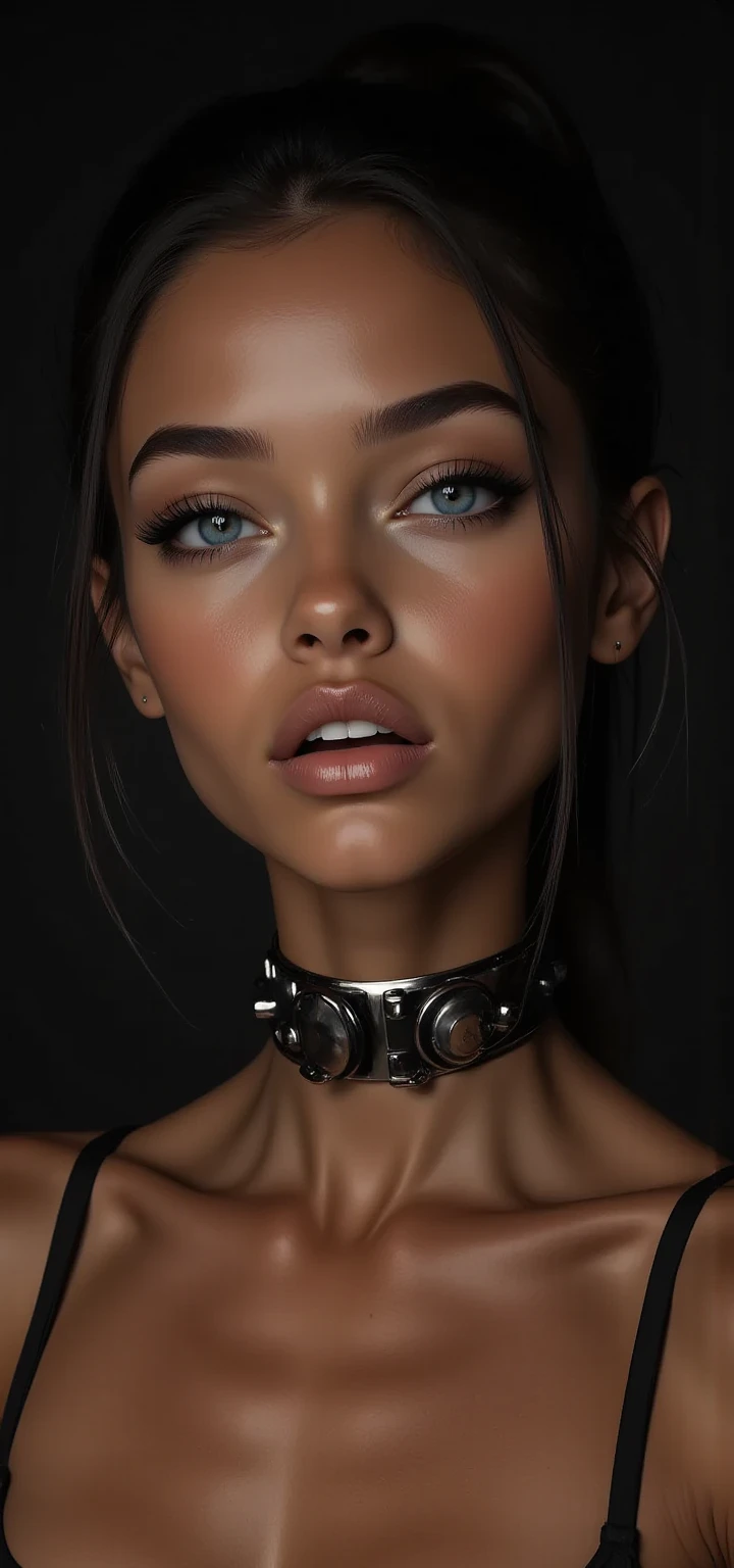 Gorgeous european woman with very short hair, ponytail with fringe, wet hair, hair slicked back, combed straight back, slick hair, streaked brown hair, Aidra Fox in a tight corset, cleavage, freckles, solid dark grey background