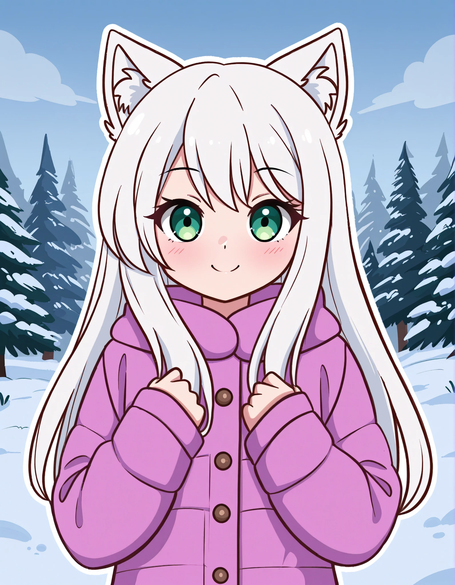 KittyRosie75, flat_color, outline,, anime, solo, BREAK, young fox girl, skinny and frail, (petite,cute:0.5), green eyes, looking at viewer, long hair, white hair, smile, winter clothes, outdoors, winter,