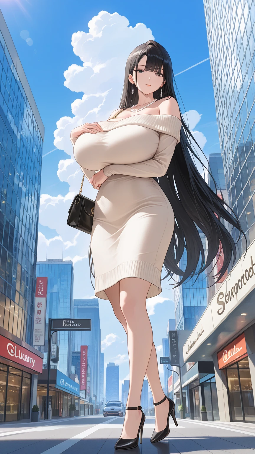 (nsfw),masterpiece,ultra detailed,hyperrealistic anime,curvy seductive woman,(tareme),thick lips,long black hair,blunt bangs,wavy hair,tube top frilled blouse,black short skirt,blue stall,make-up,standing at crowded street,sweaty,look at viewer,