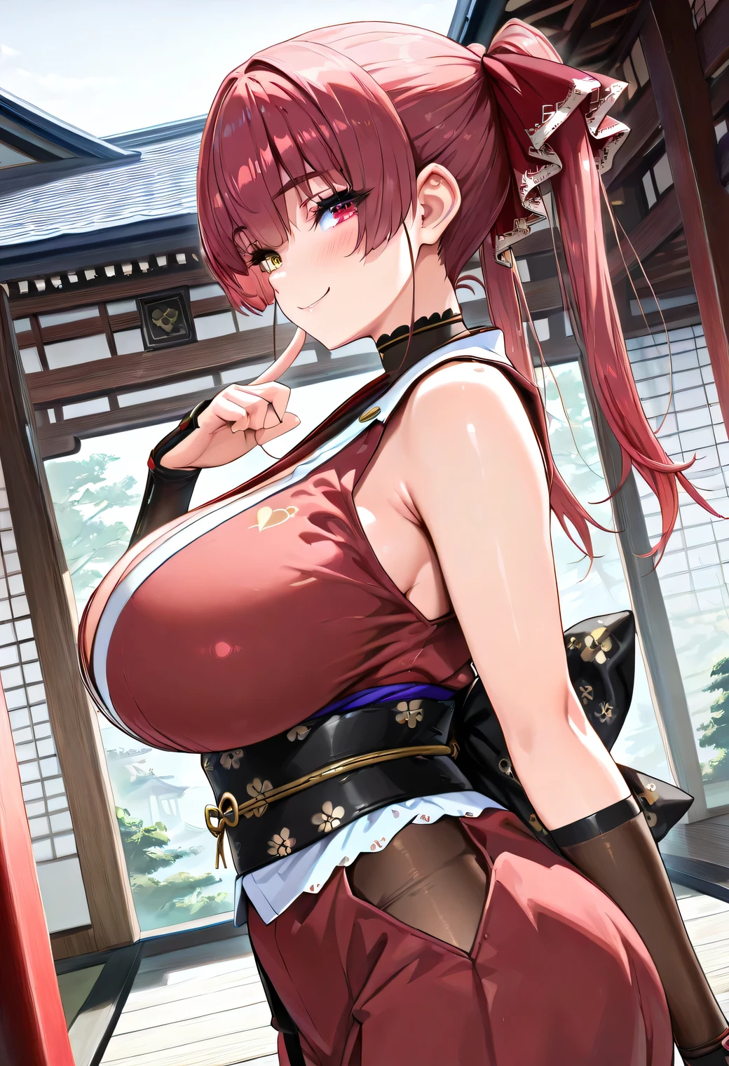( best quality , 8k , masterpiece , incredibly absurdres , perfect body , super detailed skin , highly detailed eyes and face , huge hip ,1 woman , solo ) , Houshou Marine , red Hair , heterochromia , smile , ( ninja , sleeveless , obi , japanese clothes , east asian architecture , from side , dutch angle : 1.2 ) , ( huge breasts )