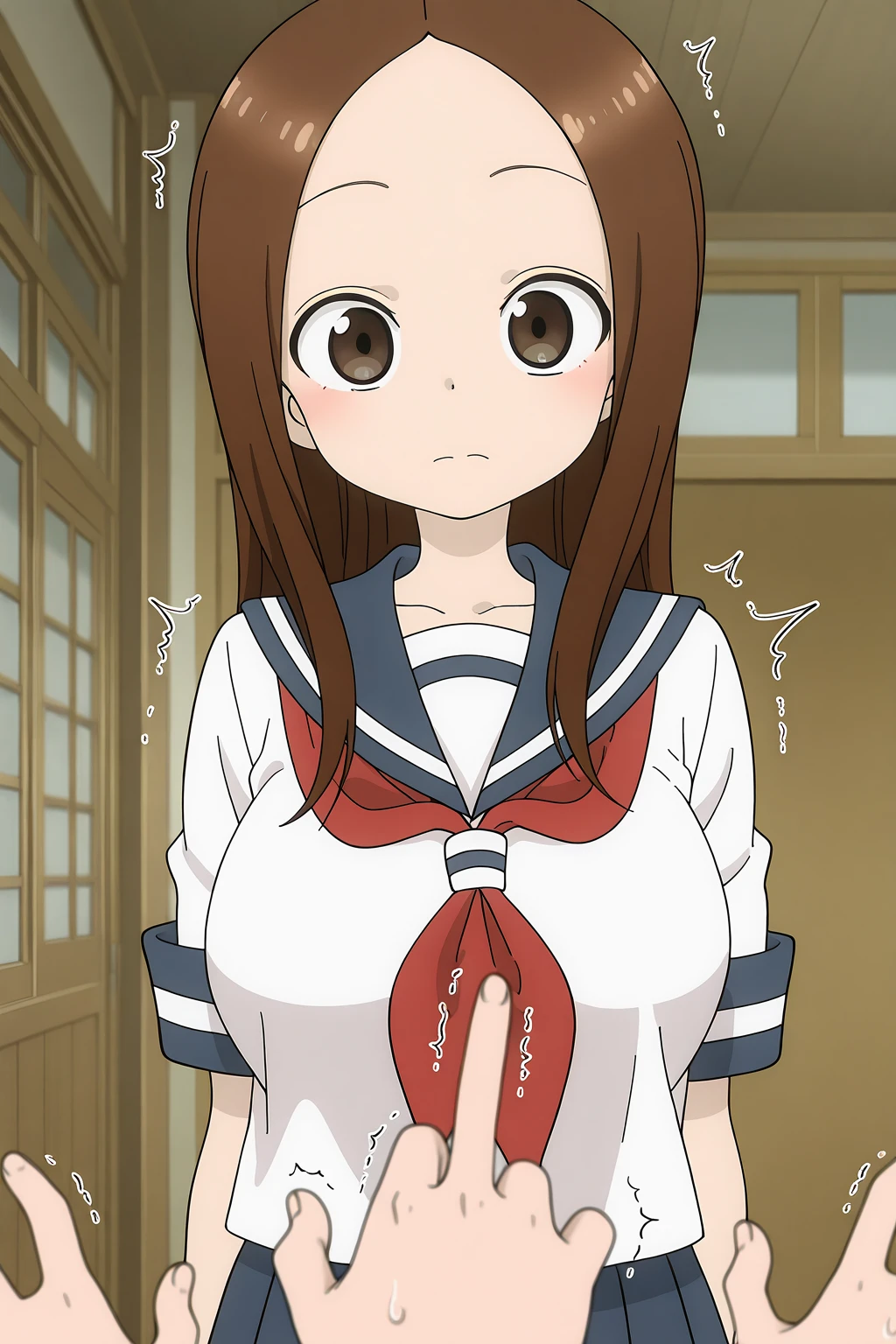 chii, 1girl, solo, brown hair, parted bangs, forehead, brown eyes, blush, surprised, open mouth, serafuku, sailor collar, red neckerchief, upper body, looking at viewer, short sleeves, sunlight, indoors, classroom, off the shoulder, huge breast, semi nude