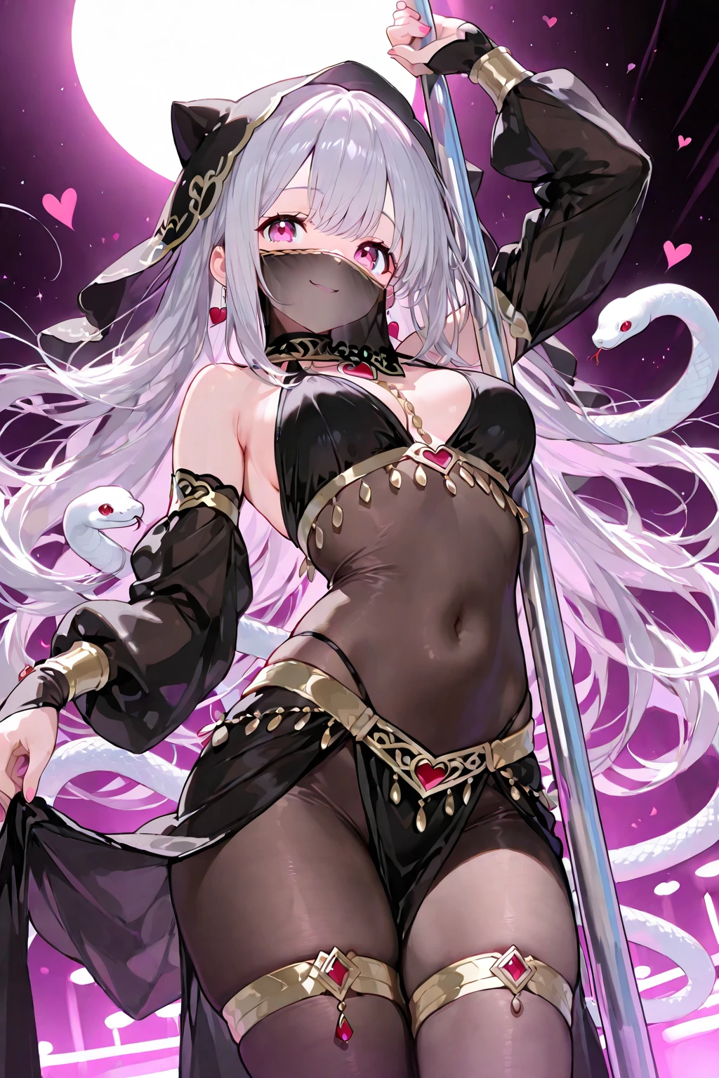 young girl, long gray hair, elf ears, Green eyes, smirk, tattoo, purple dress, Gold Elements, Sexy, Sleeveless, open breasts, flat chest, open belly, feet shoulder-width apart, hands behind head, Masterpiece, hiquality, 4k, HD, Good detail