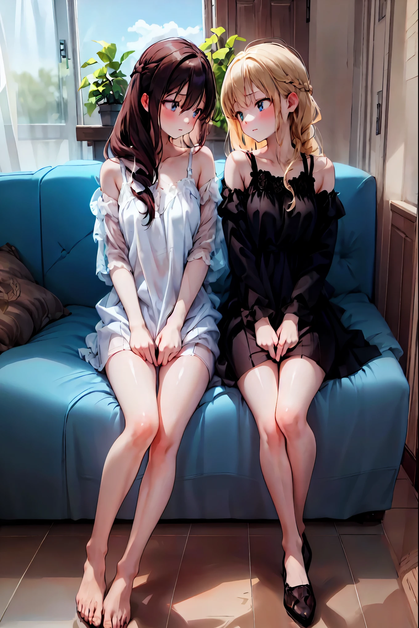 -Yuri , multiple girls, 2 Girls, Yuri, dress, Put your hands on the couch, Long Hair, {{kissu, plant, close eyes , window , indoor, sitting, blurry foreground, on Put your hands on the couch, white dress, blurry, Exposed Shoulders , Moon, potted plant, writing border depth, sleeveless dress, Blonde, sleeveless, chest, black dress, black hair, pillow, bottle, Bare wrist, full Moon, Knight , books, , very Long Hair, collarbone, foot , chestの谷間, cup, Bang, null, brown hair, medium chest, Wavy Hair, curtain, SPAGHETTI STRAP , cushions, Particles of Light, Profile, high school girl ,、 brown hairのポニーテール,French{{kissu, Barefoot, underwear , {{x}} ,小さいchest, small butt seen from below ,beautiful Profile,Clear limbs, characteristic bridge of the nose , anatomically correct hands and feet ,brown hair, shortcut , disheveled hair,short braid,neat, Slender and beautiful,correct posture,小さなchest部, 美しいfoot, Your enchanting gray-blue eyes shine like stars,Saggy Eyes, bright color , Beautiful Eyes,A delicate smile,textured skin, BEST QUALITY BEST , gently beautiful woman , anime style、