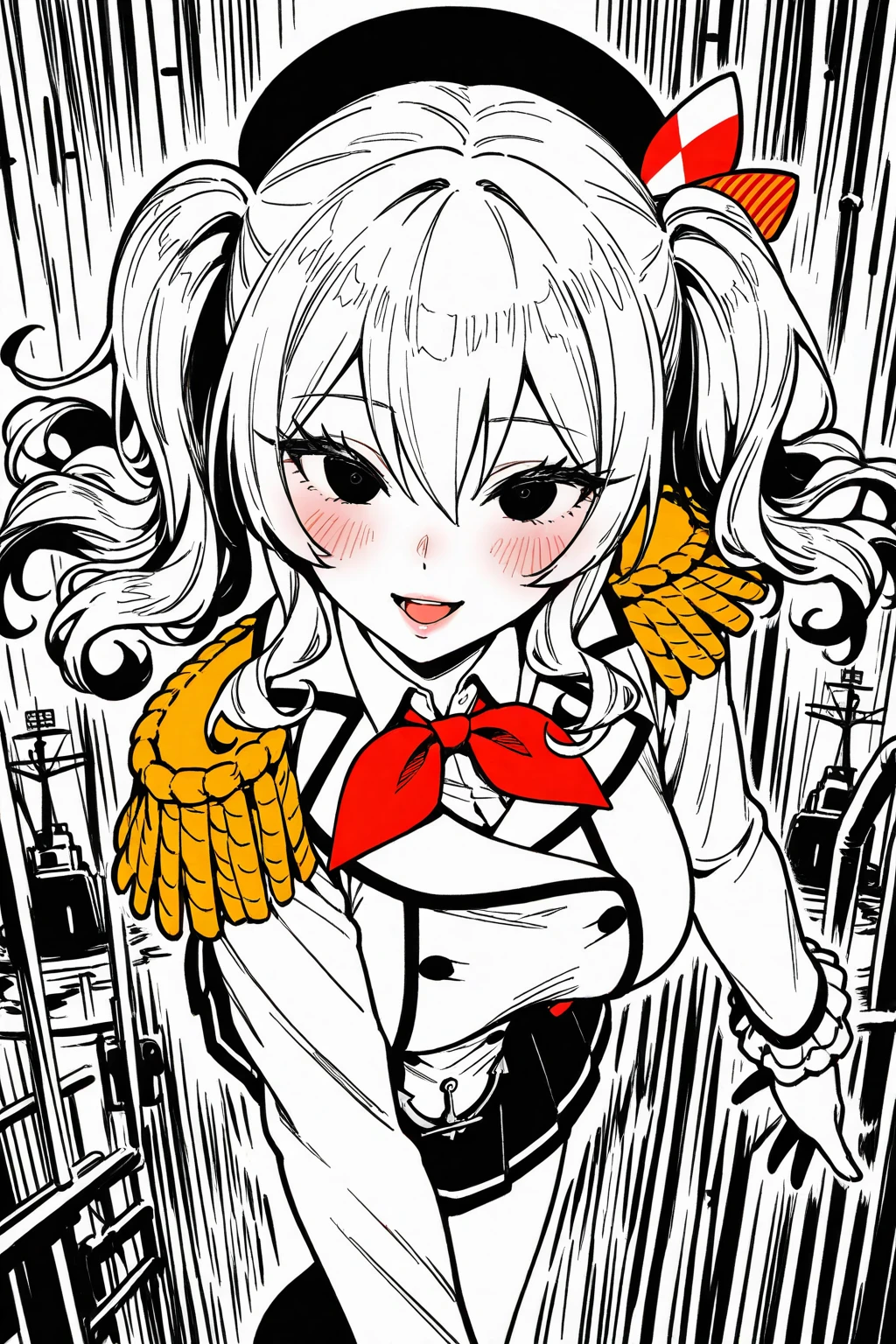 1girl,20 years old,solo,(sketch, monochrome, greyscale, traditional media,),long hair,white hair,finana,twintails,((white shirt,short sleeves,black standart tie,black skirt)),open mouth,outstretched hand,smile,double bun,(from front)