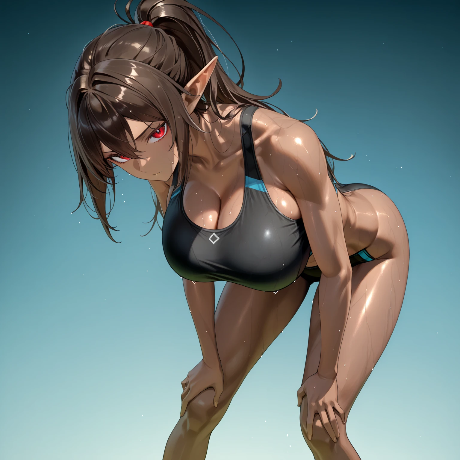 (((masterpiece, highest quality:1.2))),,Slime Rape、30 year old beauty,Explorer,.solo,((very small head:1.2)),(tan skin:1.2),brown hair,ponytail hair,brown eyes,blunt,((very long and slender body:1.2)),toned body,skinny,medium breasts,shiny skin,oily skin,sweat:1.4,Surprised:1.3、tears,White tank top、clavicle、navel、Denim micro mini shortountaineering boots、Green lotion and slime clinging to your limbs:1.6,lying,In a dark cave、Rocky area、