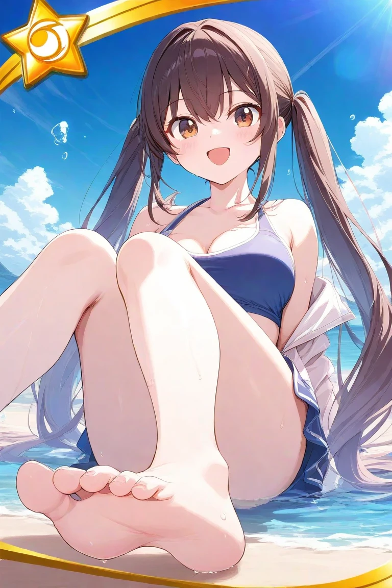 (NSFW:1.1), (realistic, photo realistic:1.2), ((highest quality)), move the center of gravity backwards, pretty embarrassing, hokko tarumae \(umamusume\), Purple eyes, barefoot, White bikini, (Red frill:1.2), horse taill, (squat:1.4), put the heel on the ground, spread legs, squat with your knees up, Attach your ass to the ground, beautiful face details, real human skin, gentle expression, realistic, photorealistic, cute, squat deep on beach, whole body, Smile, natural smile, charming smile, enchanting smile, (looking at the viewer:1.2), From before, from below, (wind:1.1), tomachop