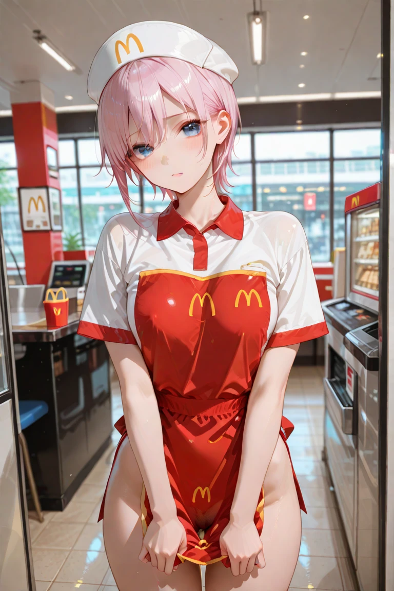 nsfw, masterpiece, 1 girl, erect nipples, intricately detailed, topless, navel, denim hotpants, bare shoulders, necklace, mcdonalds, interior, dj, headset, baseball cap, citypop, erect nipples, puffy nipples, extremely detailed, photorealistic, octane render, 8 k, unreal engine, bare breasts, nipples, bare stomach, sweaty, people on background, moist breath, small breasts, flat chests, child, smiling, leaning forward, collarbone, wet body, saliva, drooling, pink hair, ray of lights, encore, nipple-piercing, fastfood counter, nipple chain