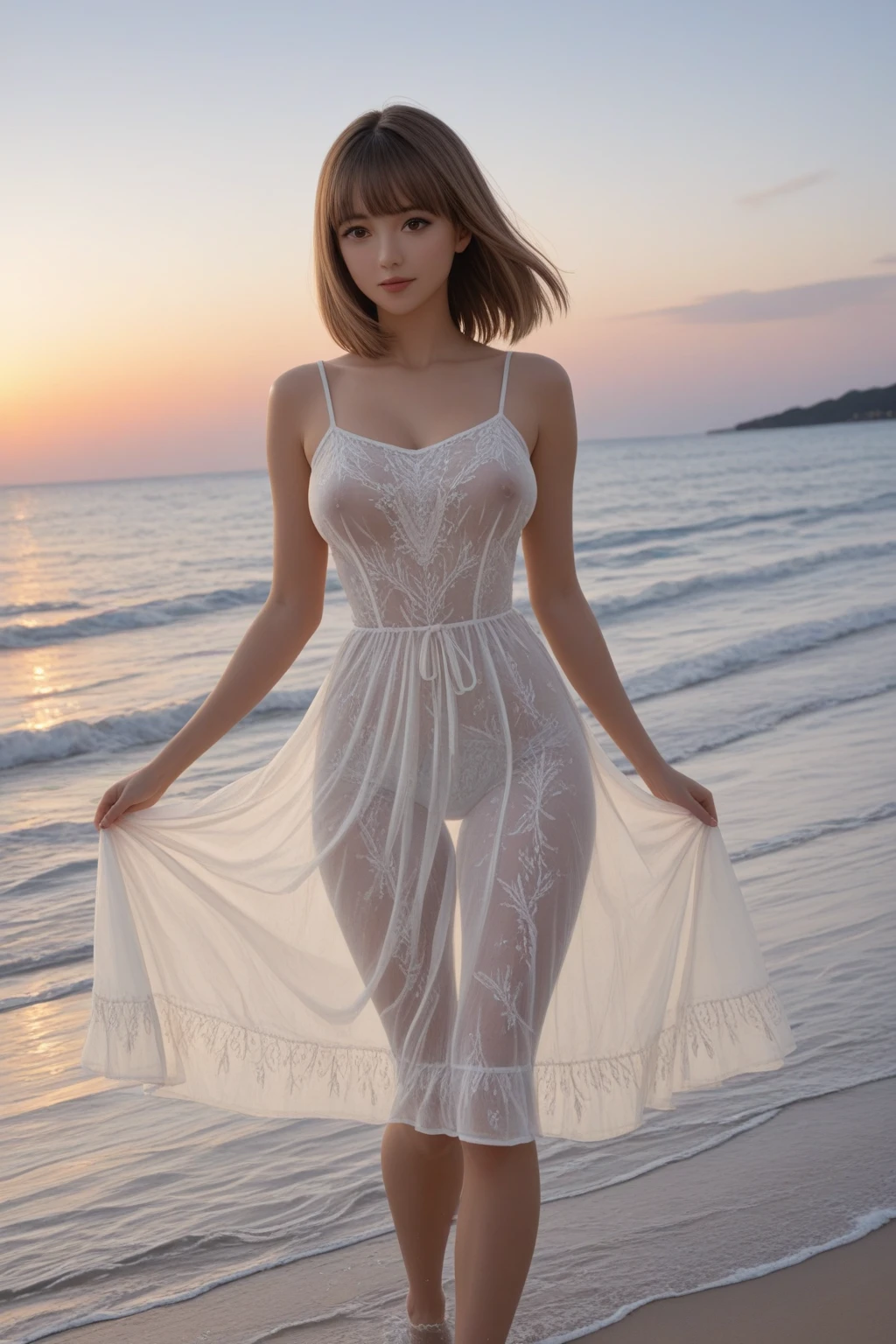 A captivating mid-body photograph, framed at waist-length, features a Loira woman with short curly pale blonde hair. The long dress, stained with muddy brown lake water, clings tightly to her sensual, flawless body, revealing a decollete and her damp, muddied hair. The small, pink nipples of her breasts are hidden amidst the dark, viscous liquid running down her body, submerged in the lake. Her perfect, small, gentle face peeks out, her eyes a clear, light blue, as she stands in the waist-deep water on a slippery, wet floor. The intricately detailed, ultra-realistic texture