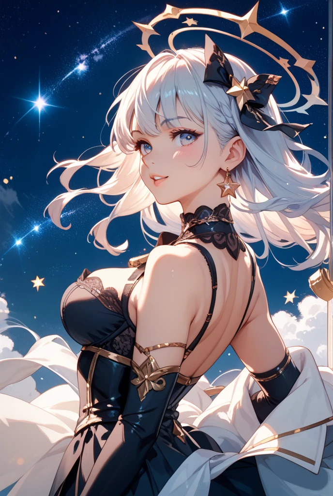 Highest quality, Super quality, 16K, Incredibly absurd, Very detailed, 2.5D, delicate and dynamic, church, Brightly colored stained glass, Small faint lights and flying fireflies, night, Starry Sky, milky way, nebula, shooting star, Flowers, birds, wind and moon, Extremely delicate facial expression, Delicate eye depiction, Upper body close-up, erotic, sole sexy lady, healthy shaped body, 22 years old lady, YoRHa 2b, 170cm tall, huge firm bouncing busts, white short hair, black hair band, YoRHa 2bのコスチューム, black short skirt, black leather long boots