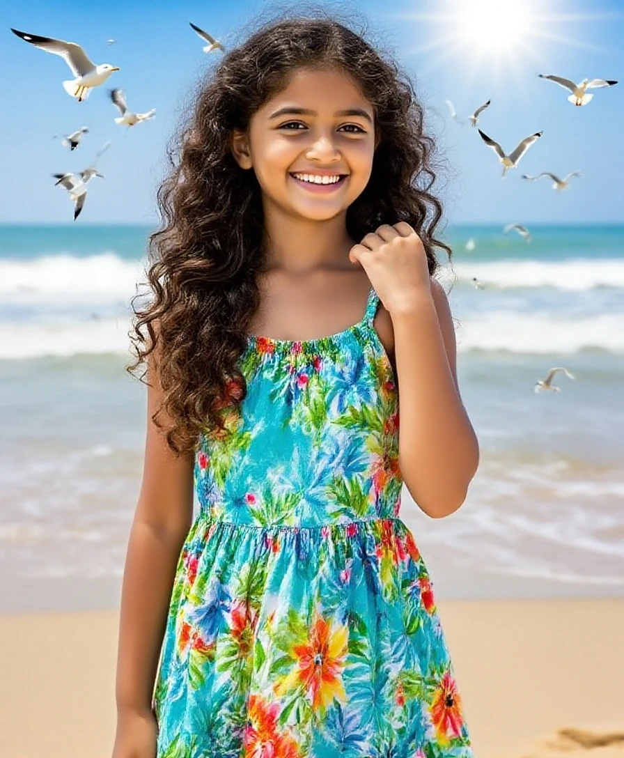 Imagem de uma menina com vestido preto, On a street where you have access to the beach. she's smiling and happy, The day is beautiful and sunny.