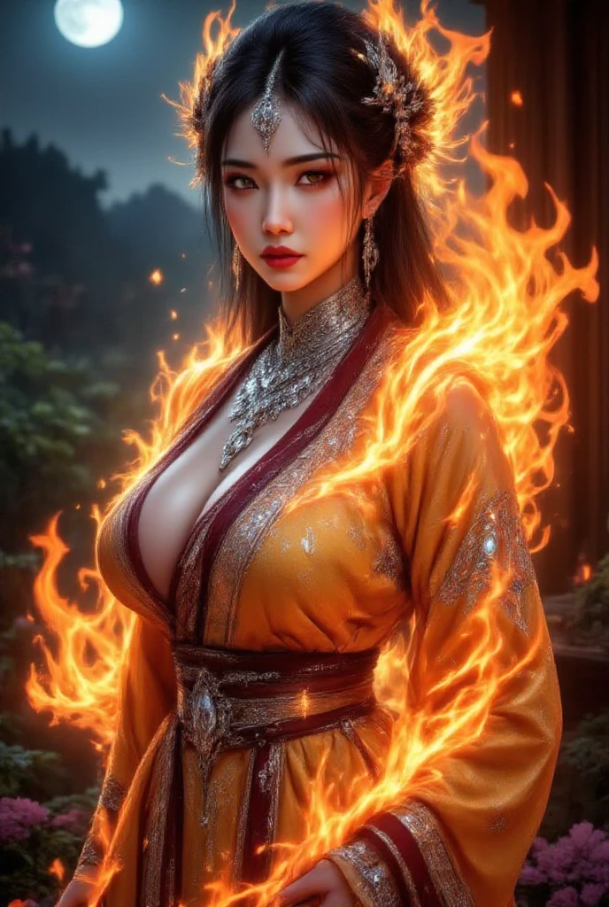 Female Buddha in a majestic pose with cosmic energy swirling around her, her robes detailed with fiery reds and oranges, in the newest Infernal skin with dramatic cosmic and volcanic effects (having beautiful breasts: 1.33) (no having clothes: 1.77).