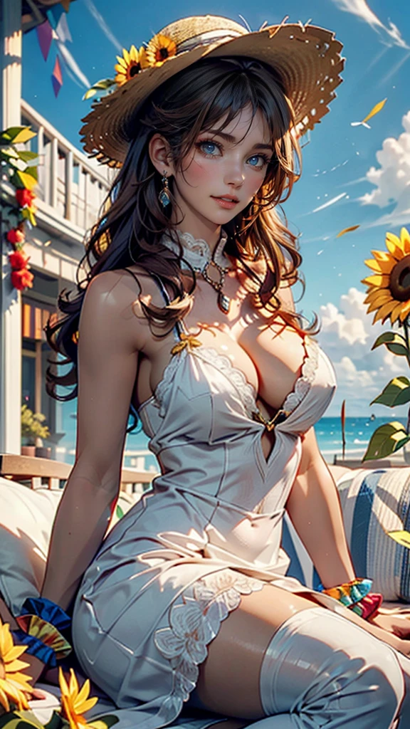 Fuwa Aika,One girl,alone, (White lace dress:1.2),loose fitting dress (sun visor hat:1.2), Sunflower field, Under the sunlight, A light smile,View your viewers, Wind, dynamic, Strong light and shadow,dynamic pose,No bra、Nipple swelling emphasis
