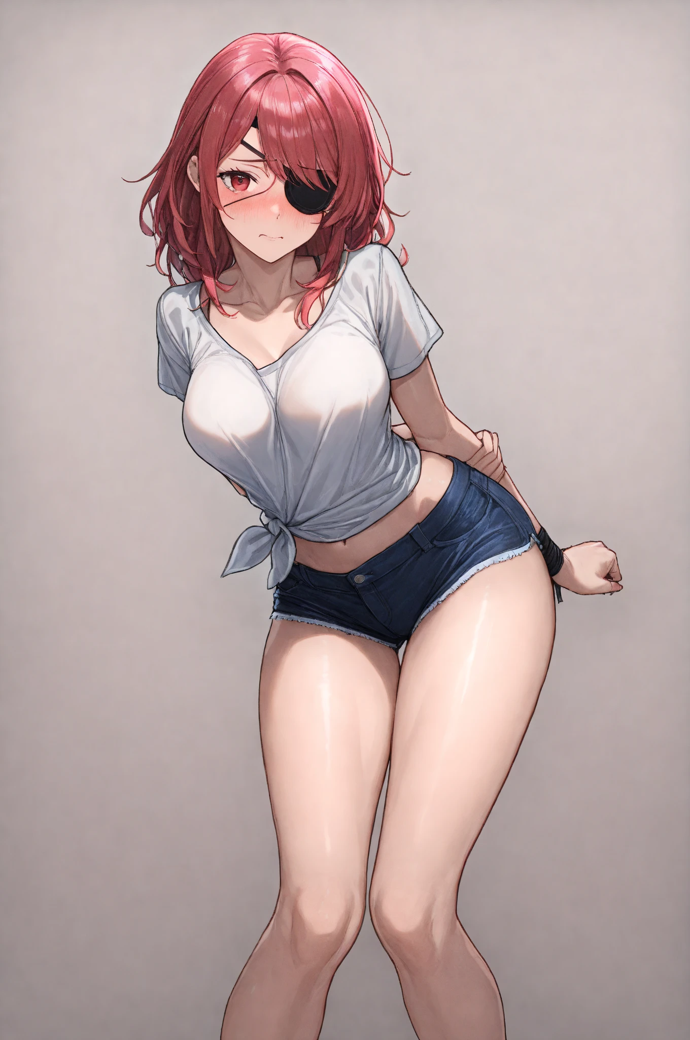 1girl,solo,standing,large breasts, cleavage,
bra, navel, shorts, heart cutout, pussy peek, <lora:heartshortV1:1>,no panties, bare arms, <lora:char-madoka:0.8>,purple eyes,