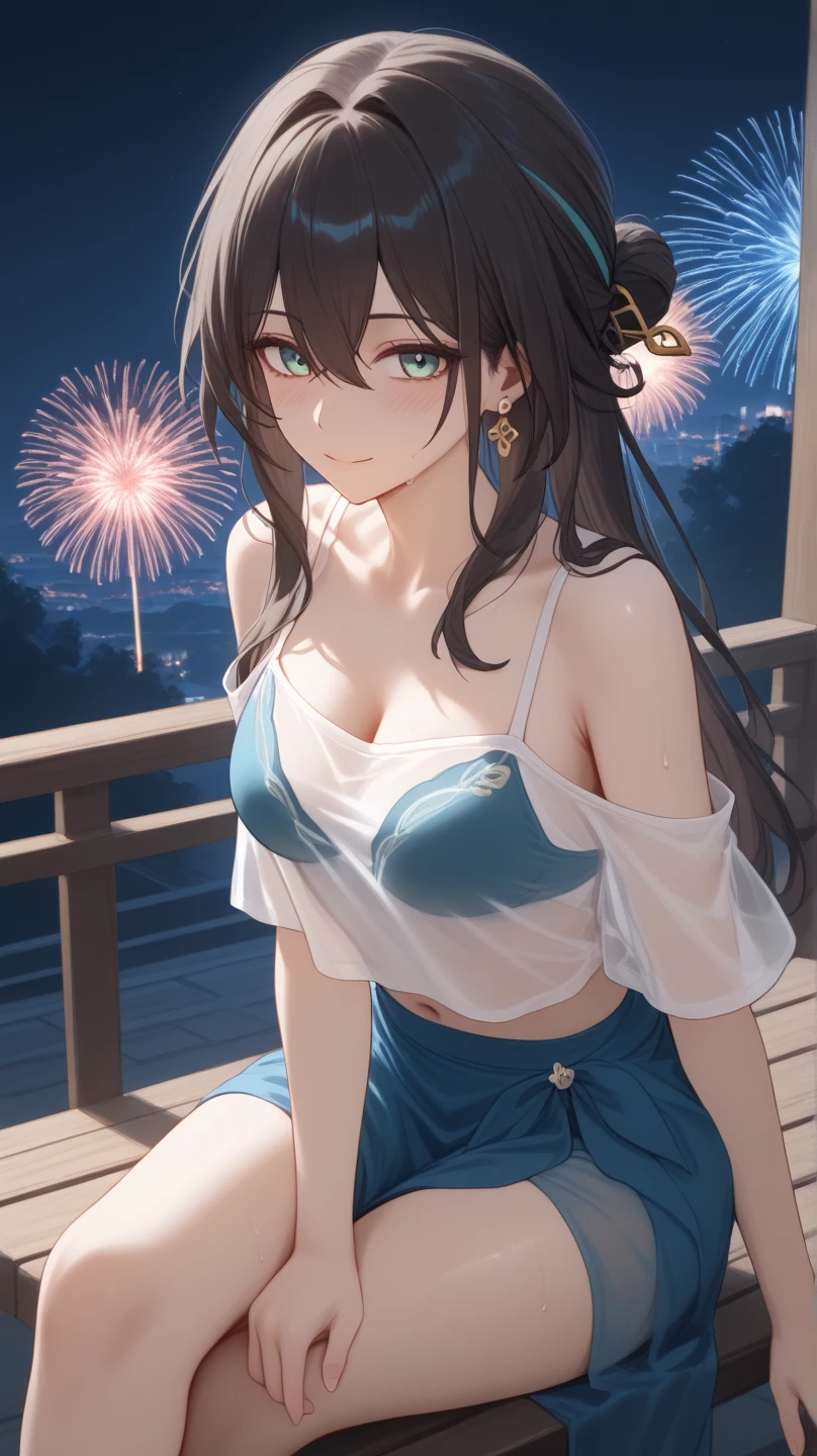 (masterpiece, Highest quality, detailed), One girl, alone, View your viewers, Francesca Lucchini, Sundress, (((naked、Nipples are visible;1.5))),  firework, aerial firework, (胸 squeezed together), (v Arms),  night, night sky, City lights, Leaning forward, smile, Open your mouth