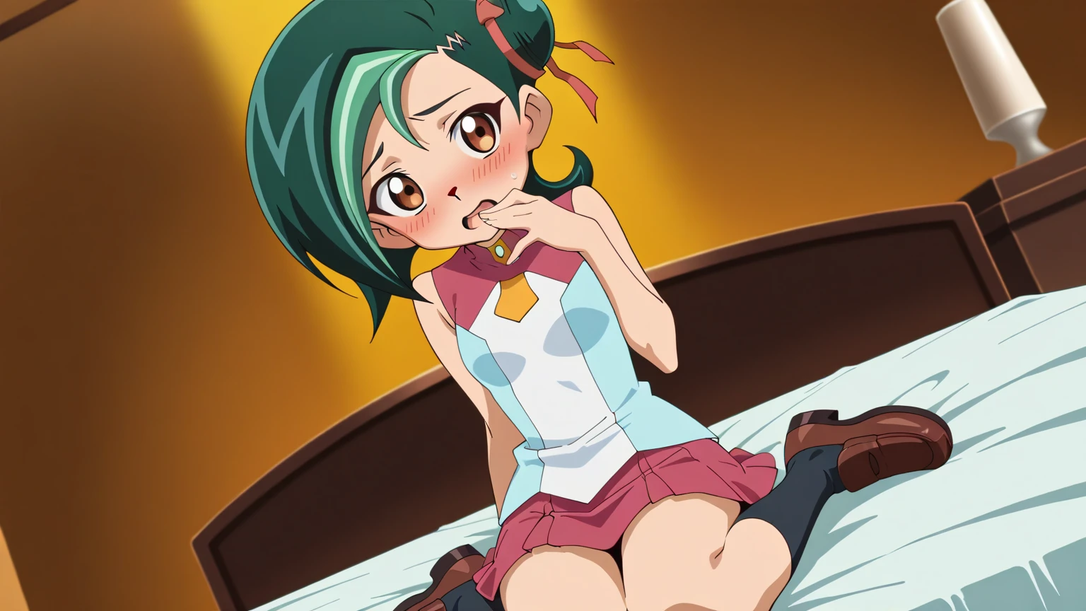 koyuki, 1girl, solo, long_hair, bangs, indoor, black_hair,ponytail, ahoge, hair_bow, sidelocks, green_hair, hood, red_bow,1girl,masterpiece, expensive quality, very_expensive_solve, big_file size, full color,(completely :1.2),pussy,niplles,(Loli kid),