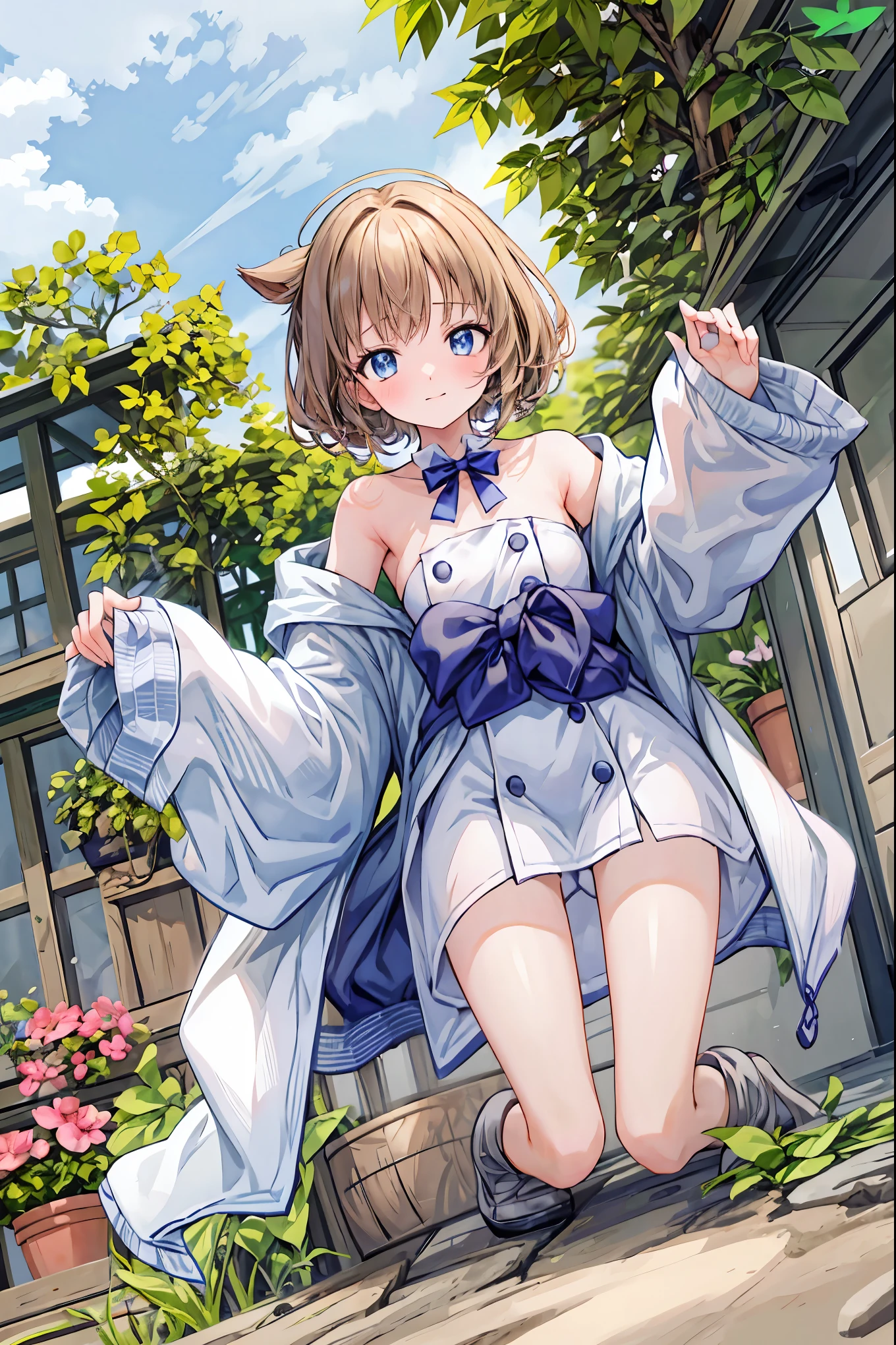 ( masterpiece), Highest Quality, cute girl leaning on a wall, is embarrassed, , Intimate moments, cute, cropped shirt, look down, High Angle, close, BREAK she says is embarrassed, she says , forest setting , cute imgae,brown hair,shortcut,unkempt hair,Short braided hair,Neat,Slender Beauty,correct posture,small breasted,Beautiful legs,enchanting gray-blue eyes shine like stars,Saggy Eyes,bright colors,Beautiful Eyes,A delicate smile,Textured Skin,best quality,A Gentle and Beautiful Woman,anime style、