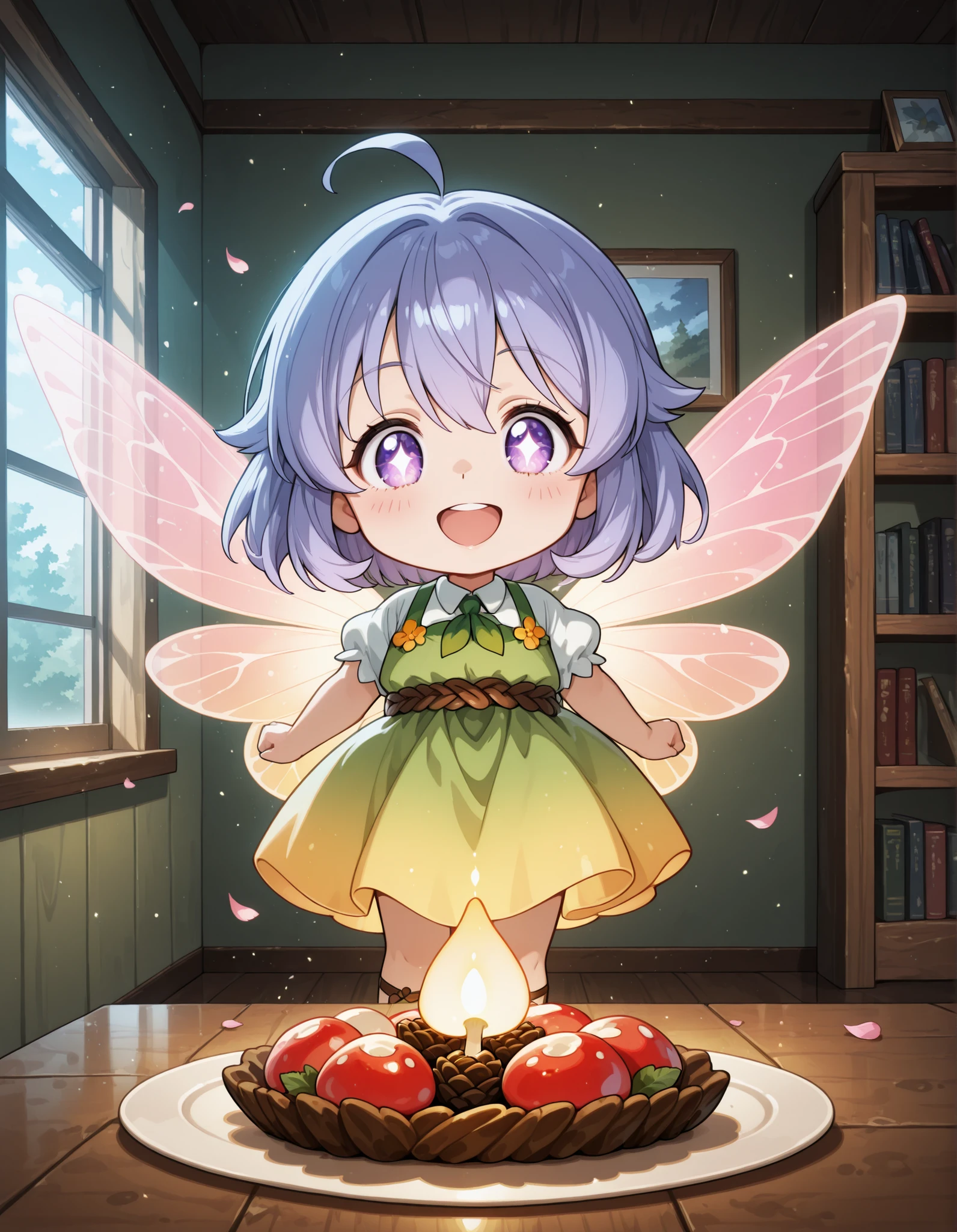solo, An anime-style, heartwarming half-close-up of three cheerful fairy girls busily plating food in their cozy miniature home. The scene centers on their delighted expressions and nimble hands as they place tiny servings onto shell platters. Their shimmering pastel-tinted translucent wings catch the light, while their outfits combine fantasy and cottagecore—ruffled skirts, petal aprons, and vine belts. Behind them, softly blurred glowing mushrooms, shelves with pinecone bowls, and a warmly lit window reveal a magical garden. The atmosphere brims with the joy and liveliness of sharing a meal together.