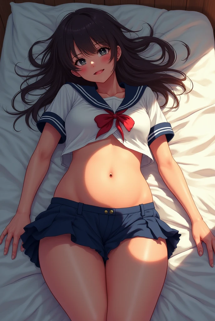 (spreading her legs for the camera:1.5)、(lying on your back on the bed:1.8)、（the skirt is turned up）、（I can see my vagina:1.8）、((No makeup:1.2))、(I can see my breast:1.8)、（disheveled clothing）、(realistic、Photoreal、super detailed、best detailed skins、highest quality、masterpiece、Super high resolution)、cute japanese woman、、high school girl、young girl、1 girl、have bangs、double eyelid、purity、double teeth、realistic肌タイプ、fluffy hair、red cheeks、(School uniform shirt）、white shirt with long sleeves and collar、（Dark blue skirt）、（Girly room）、bright atmosphere、8K RAW photo、High resolution、(very big round breasts:1.2)、beautiful eyes、detailed eyes、drawn in detail、long eyelashes、美しいdouble eyelid、beautiful and very thin legs、（Beautiful and very thin thighs）,simple necklace、nude short skirt、Quite embarrassed look、red cheeks,duck mouth、evil sex smile、evil sex look、beautiful and very thin legs、Beautiful and very thin thighs,（Angle from directly above）、Detached tie, masturbation, climax squirting, wet vagina, wet breast, masturbation with dildo, charming face climax masturbating. 