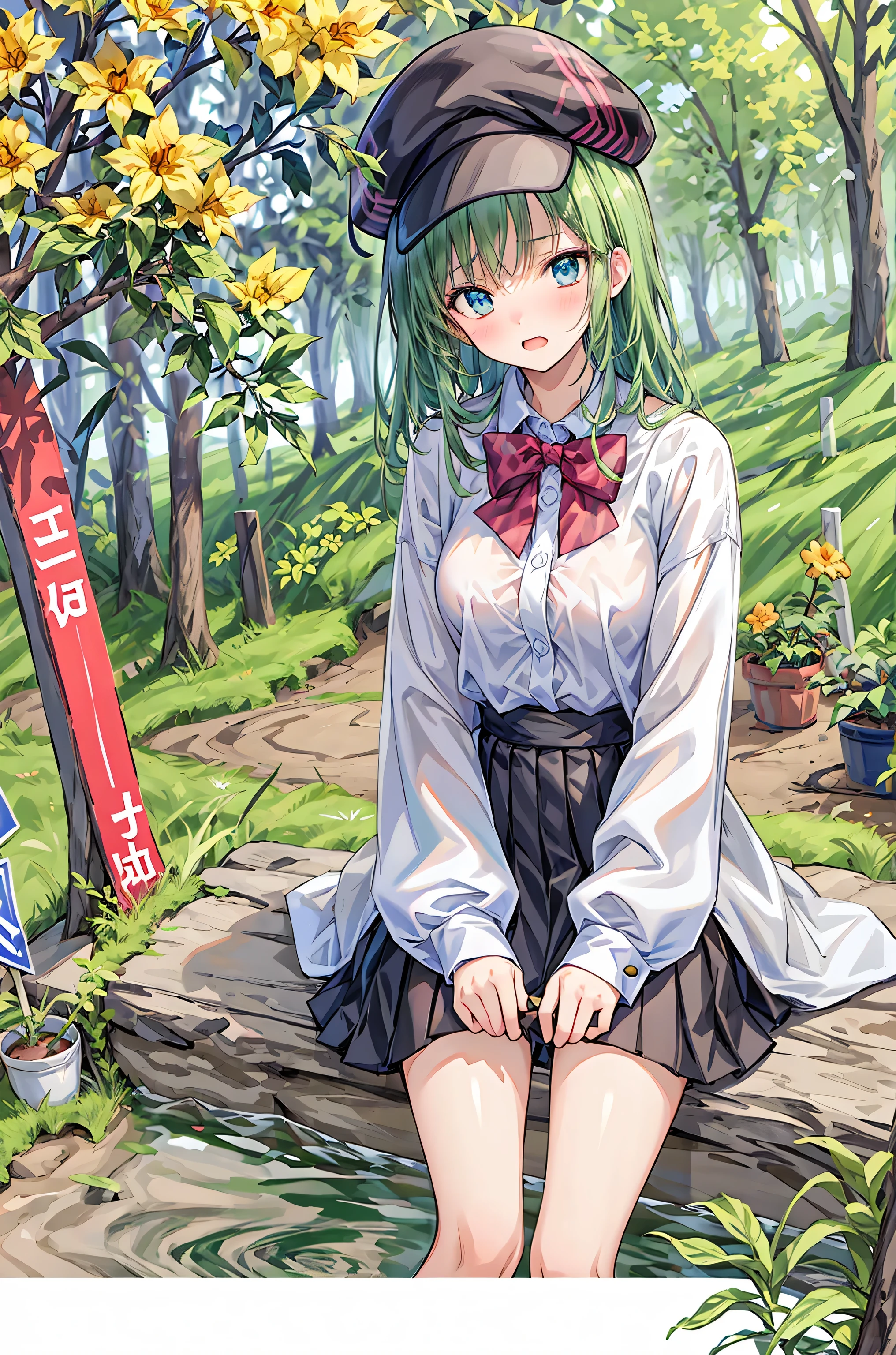 ( masterpiece), Highest Quality, cute girl leaning on a wall, is embarrassed, , Intimate moments, cute, cropped shirt, look down, High Angle, close, BREAK she says is embarrassed, she says , forest setting , cute imgae