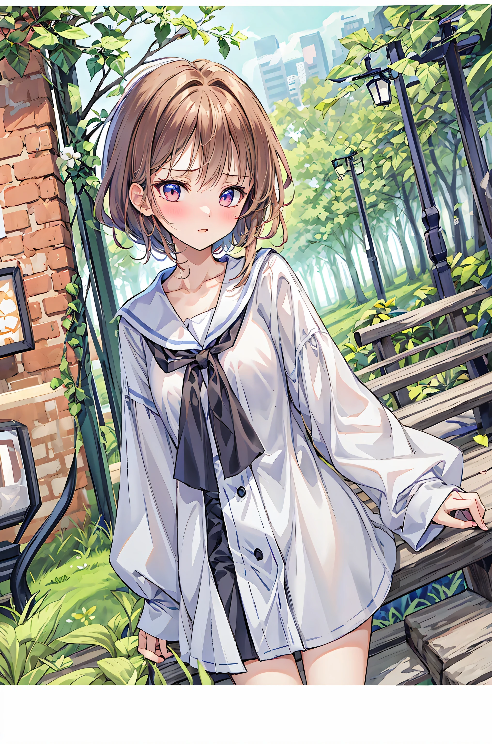 ( masterpiece), Highest Quality,  cute girl leaning on a wall,  is embarrassed, , Intimate moments,  cute,   cropped shirt,  look down,  High Angle, close, BREAK  she says   is embarrassed,  she says  ,  forest setting ,  cute imgae
