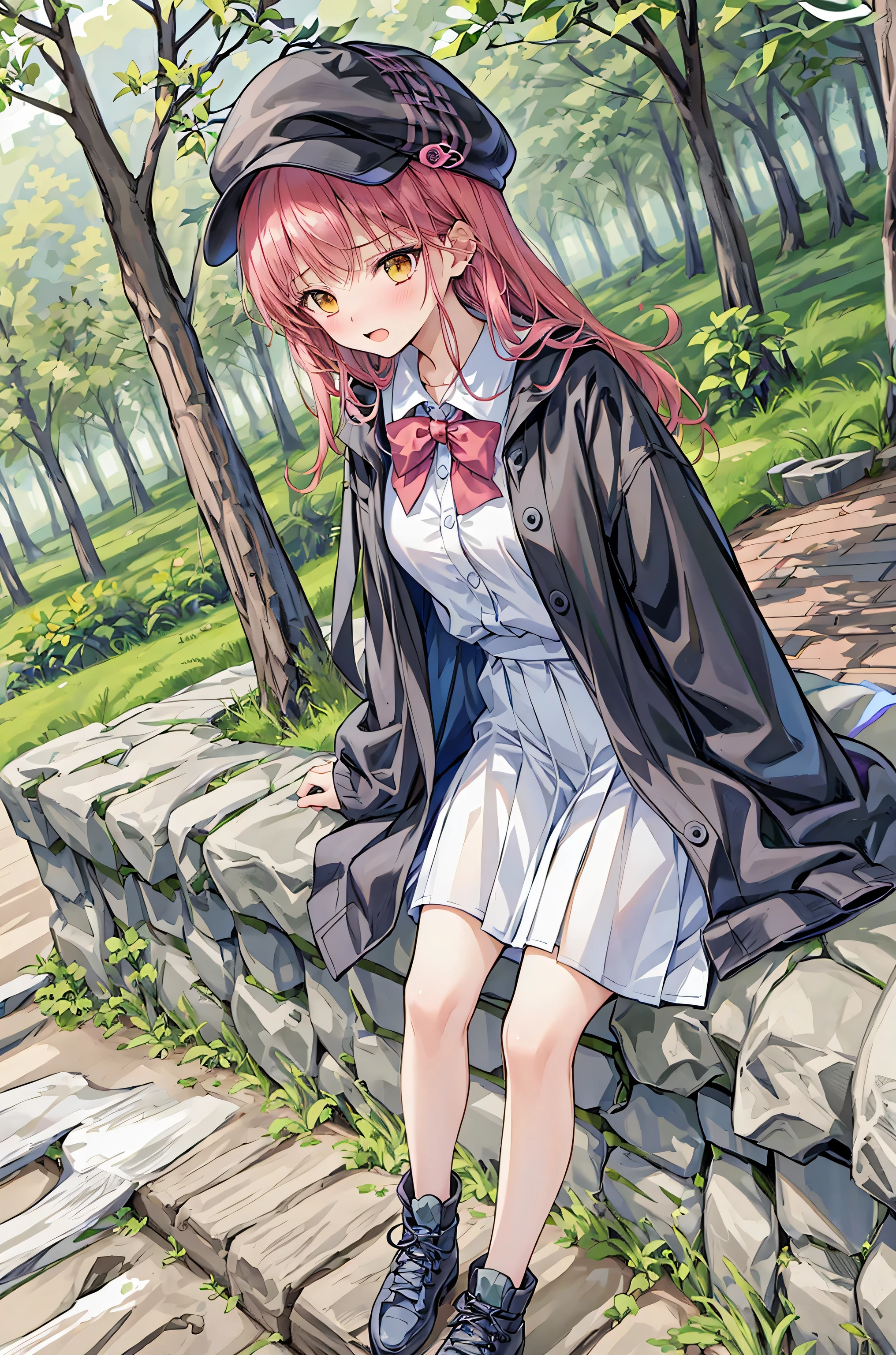 ( masterpiece), Highest Quality, cute girl leaning on a wall, is embarrassed, , Intimate moments, cute, cropped shirt, look down, High Angle, close, BREAK she says is embarrassed, she says , forest setting , cute imgae