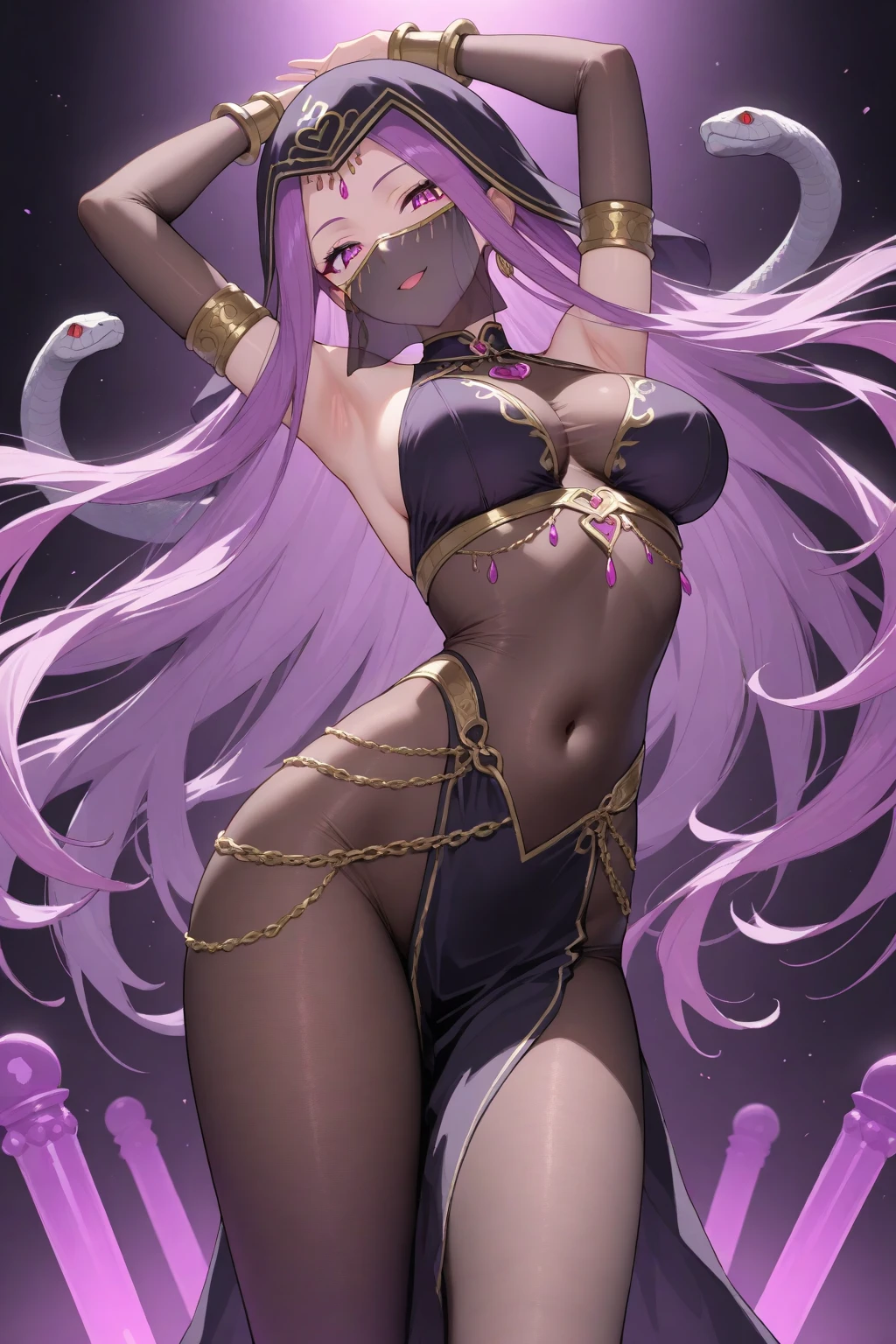 1 girl Big dark-skinned elf, purple hair, hot figure, big beauty, delicate and beautiful face, full body portrait, big eyes, beautiful face, big, transparent tulle, sexy and alluring, plump body, hands on chest, perfect body proportions