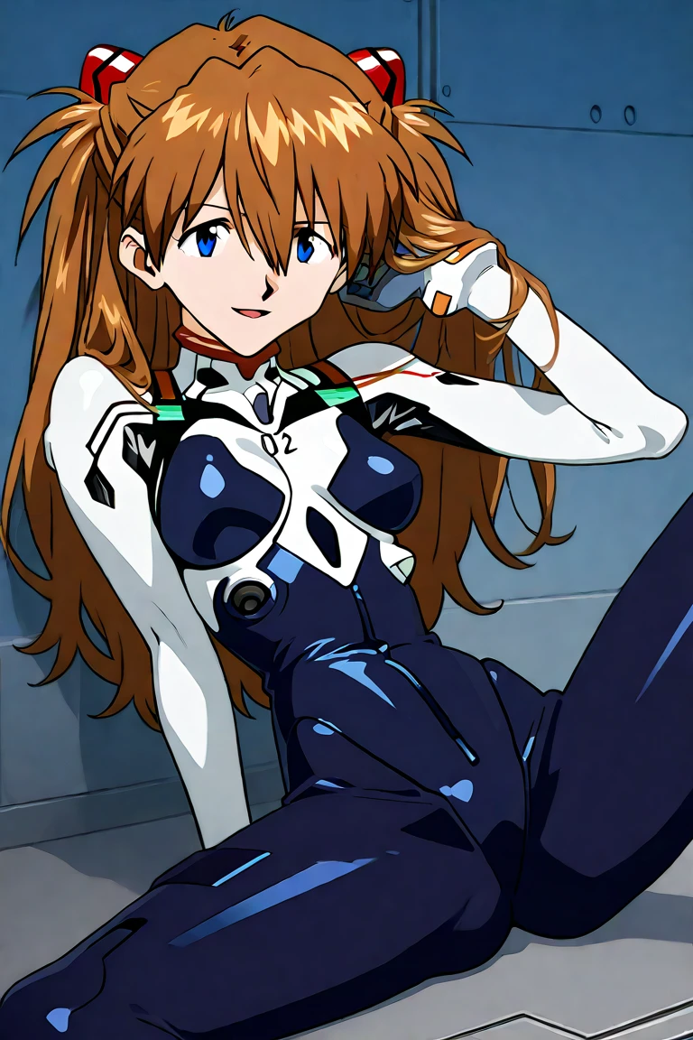 masterpiece, Best quality. Slender Girl. wears a blue latex suit. also wearing a lab coat over the suit. Long brown hair, Blue eyes. wears metal knee socks. smiling, Mouth open, happy face. Eyes wide open.