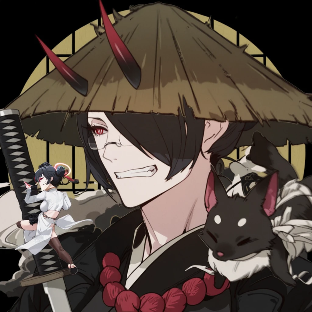 evil shinto priest wearing a hyottoko mask (white mask with popping red luminous eyes, twisted sucking mouth), throwing ghosts with both hands, His suit is blue with classical detailed black green and red lines, red belt, red hat and gold ribbons on the closures, red luminous eyes, background macabre of tombs,