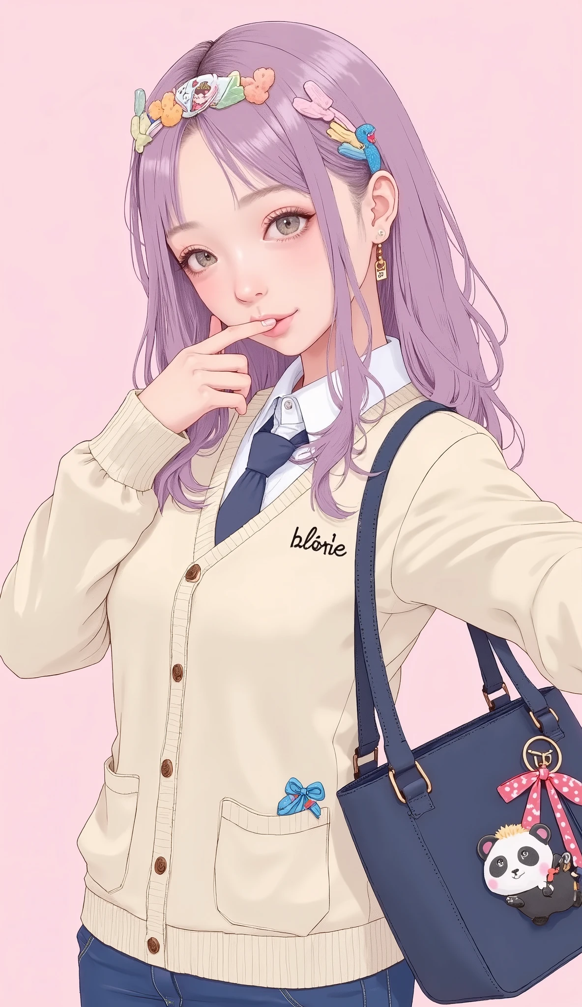 with, stretch her right arm forward with her finger、Panda charm and brand name. long pastel pink hair、with waves and a hint of lavender tone Elegantly styled。, adorned with a decorative hair band featuring a small ribbon. on top of her collared shirt、She's wearing a cream-colored cardigan that comes with、makes the tie visible. 。The left pocket of the garment is adorned with cute themed accessories, creating a playful and cheerful atmosphere "Highest." her cuffs have a comfortable texture with slightly ribbed cuffs. A、A navy blue bag with playful pink is hung。polka dot ribbon and small plush toy, adds a bit of humor. The soft pink background enhances her pastel aesthetic, peace sign including a colorful keychain.