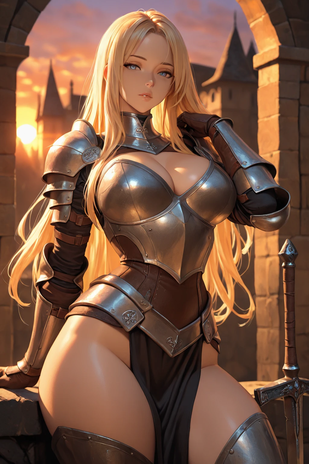 female archangel prepared for battle, an extremally beautiful warrior valkyre, ultra feminine, long hair, dark blonde hair, braided hair, wearing divine heavy armor, long leather boots, cleavage, big breasts, hiding hands, hands behind her head, (white armor: 1.2), full plate armor, (angel wings: 1.2) spread, angel wings on both sides of her back, posing for a picture, full body, floating mid-air, sunset, 16k, RAW, ultra wide shot, photorealism, depth of field, hyper realistic, 2.5 rendering, ray tracing