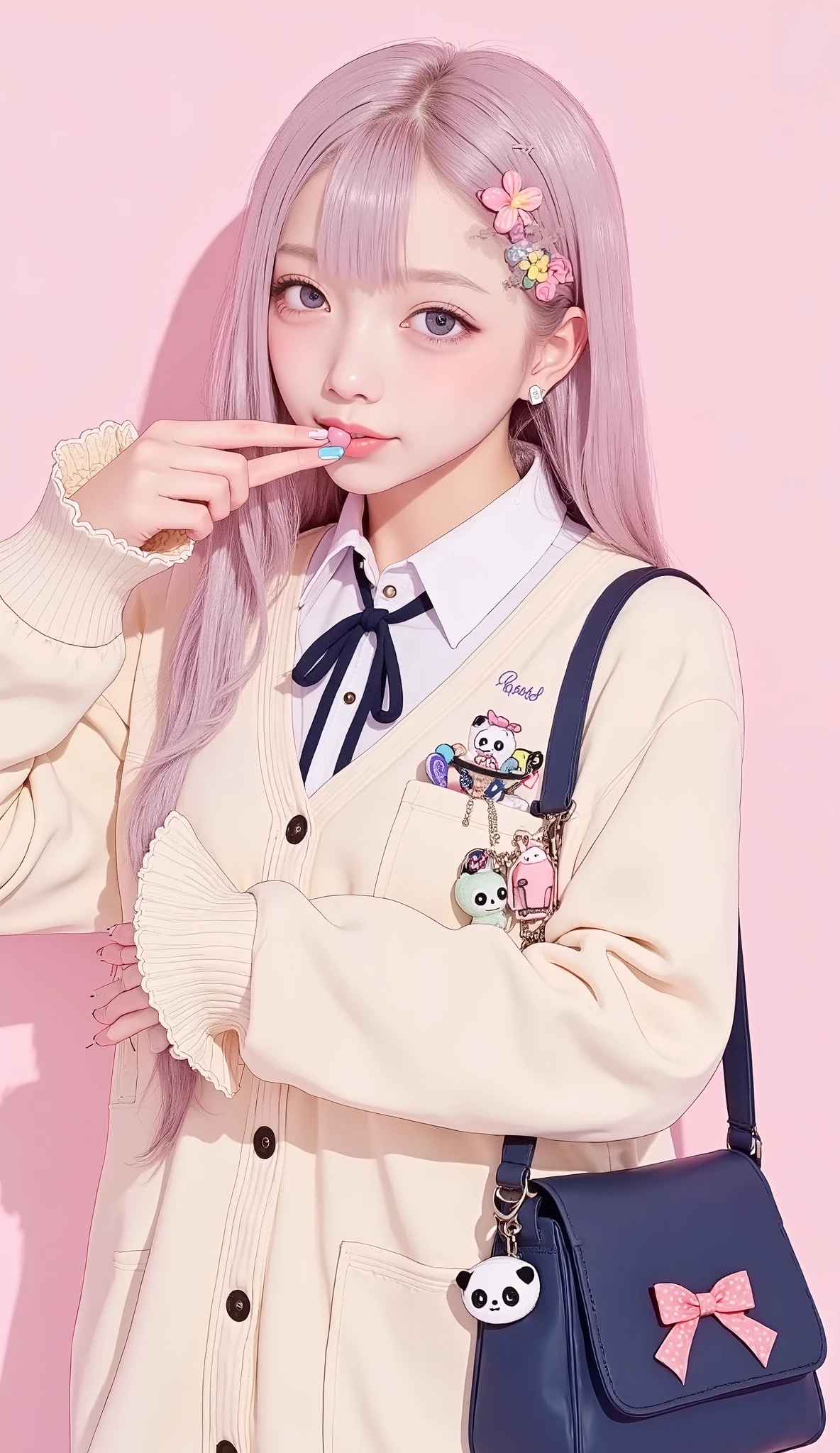 with, stretch her right arm forward with her finger、Panda charm and brand name. long pastel pink hair、with waves and a hint of lavender tone Elegantly styled。, adorned with a decorative hair band featuring a small ribbon. on top of her collared shirt、She's wearing a cream-colored cardigan that comes with、makes the tie visible. 。The left pocket of the garment is adorned with cute themed accessories, creating a playful and cheerful atmosphere "Highest." her cuffs have a comfortable texture with slightly ribbed cuffs. A、A navy blue bag with playful pink is hung。polka dot ribbon and small plush toy, adds a bit of humor. The soft pink background enhances her pastel aesthetic, peace sign including a colorful keychain.