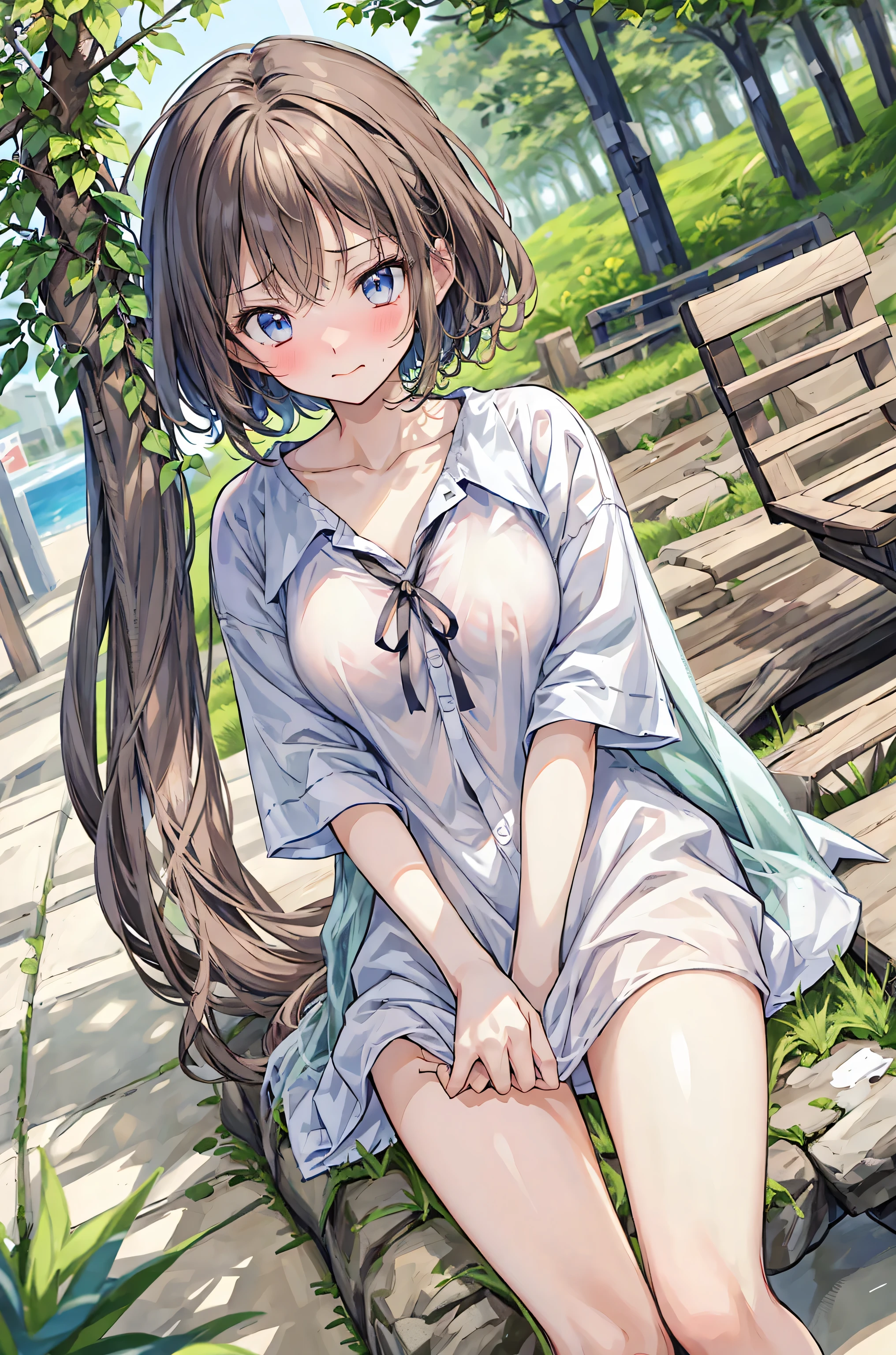 ( masterpiece), Highest Quality, cute girl leaning on a wall, is embarrassed, , Intimate moments, cute, cropped shirt, look down, High Angle, close, BREAK she says is embarrassed, she says , forest setting , cute imgae